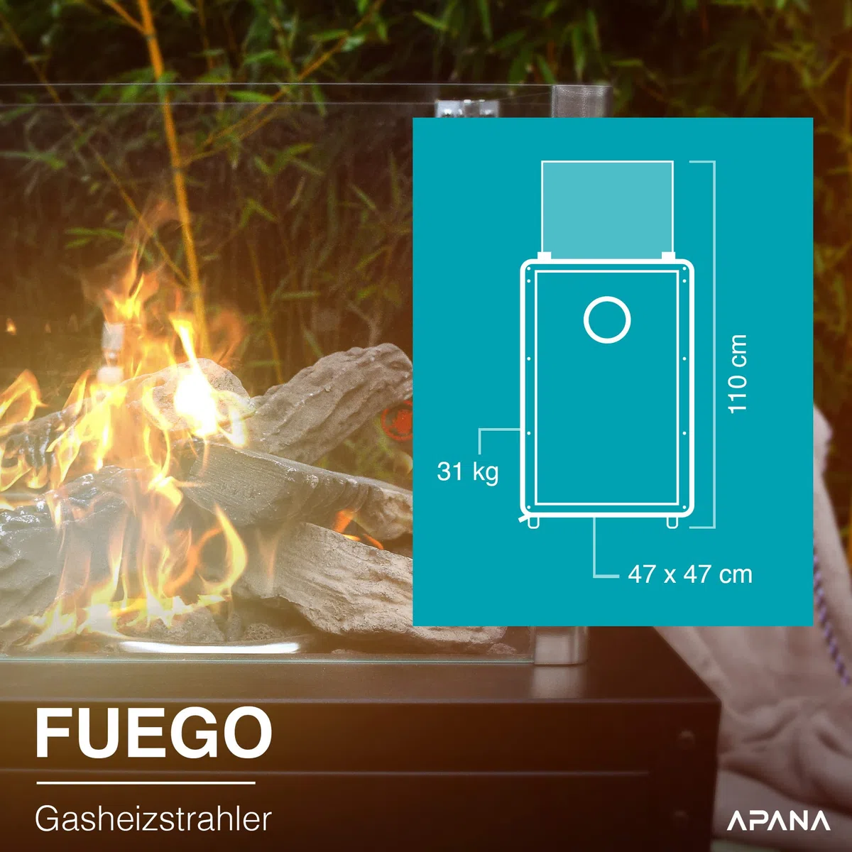 APANA Gas Heizstrahler FUEGO 8kW – Terrassenfeuer mit Sichtfenster & Rollen – Heizpilz für Garten, Balkon & Terrasse – inkl. Abdeckhaube, Umkippsicherung & Abschaltautomatik – anthrazit