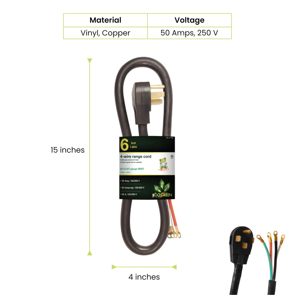 GoGreen Power GG-27206 6' 4' Wire Range Cord, 50 Amp by Go Green Power
