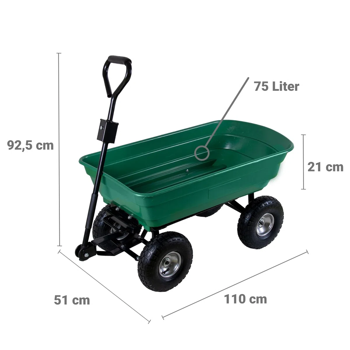 Gartenwagen mit Kippfunktion 75 Liter Kunststoffwanne Handwagen Kippwagen belastbar bis 300 kg Lenkachse Luftbereifung auf Stahlfelge Abnehmbarer Griff | Bollerwagen Transportwagen Gartenkarre Dumper