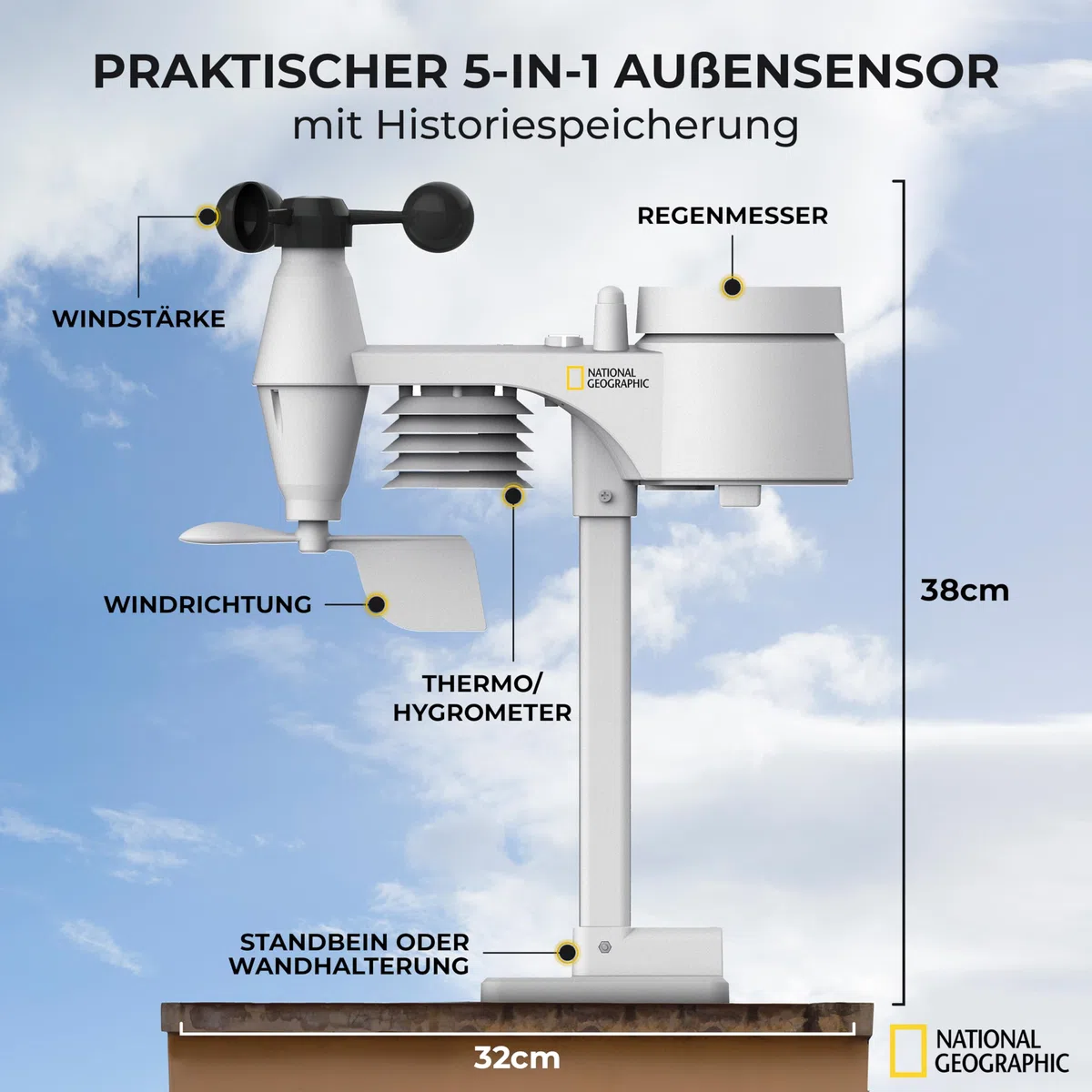 National Geographic Wetterstation Funk mit Außensensor Wetter Center 5-in-1 Colour mit Außensensor für Temperatur, Luftfeuchtigkeit, Luftdruck, Windmesser und Regenmesser, schwarz | Temperatur, Luftfeuchtigkeit, Regenmesser, Windmesser, Wettervorhersage,