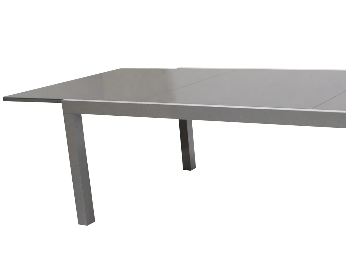 DEGAMO Ausziehtisch Marina XL, 180/240x100cm, Aluminium Silbergrau + Glas dunkelgrau