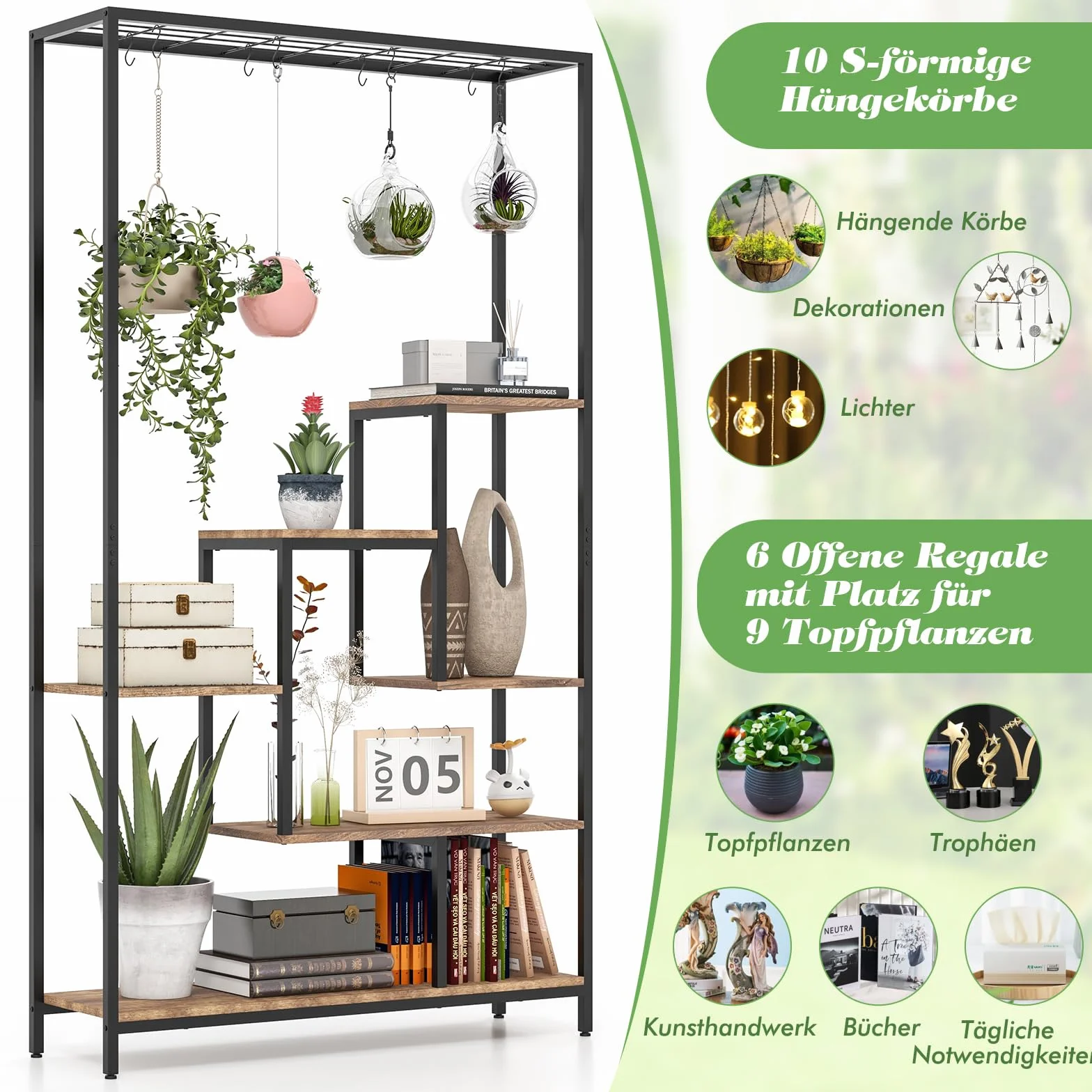 GOPLUS 6 Etagen Pflanzenständer, Pflanzenregal mit Hängeregal & 10 S-Haken, Blumenregal Blumenständer Blumentreppe für Wohnzimmer & Balkon, 100 x 30 x 180 cm (Rustikales Braun)