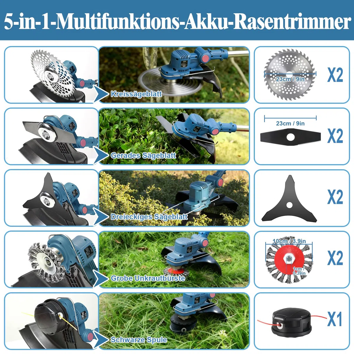 Rasentrimmer mit Akku, Akku Rasentrimmer für Makita-Akkus mit 5 Klingentypen und 2X4.0Ah Akku, 21V Bürstenlose Rasentrimmer mit Unkrautbürste, 5 in 1 Akku Freischneider für Garden Trimmen, Blau