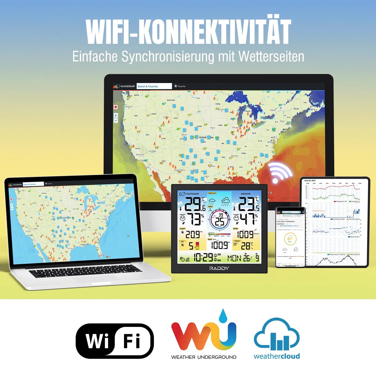 Raddy WF-120C WLAN Wetterstation mit 7-in-1 Außensensor, 10" Farbdisplay, Regenmesser, Windmesser, UV- & Lichtindex, Innen- und Außenthermometer, Wettervorhersage, Luftfeuchtigkeit & Luftdruck