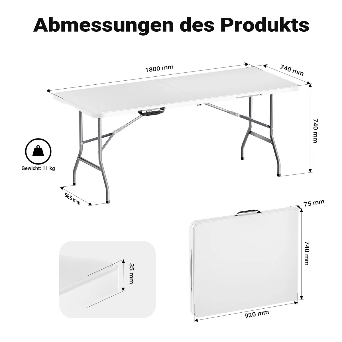 Wiltec Campingtisch klappbar 180x75x74 cm Klapptisch mit Tragegriff Partytisch Biertisch Gartentisch Buffettisch Bierzeltgarnitur Camping Tisch faltbar