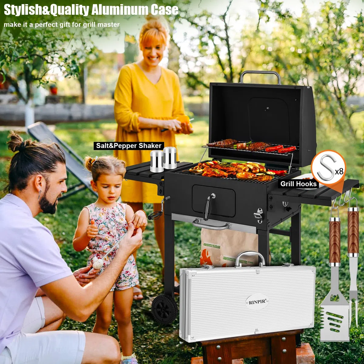 RINPIR 35pcs Grillwerkzeuge Geschenk-Set mit Schere für Männer Geburtstag Braun | Edelstahl-Grill-Zubehör-Set für den Vatertag, professionelle Grillutensilien mit Aluminiumkoffer für Outdoor-Camping