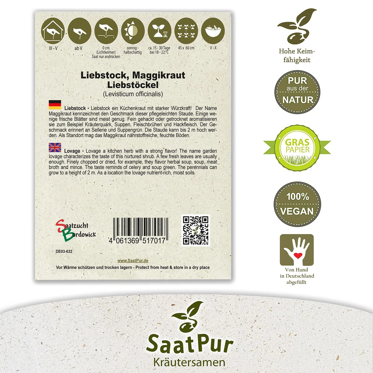 SaatPur Liebstöckel Samen, Maggikraut samenfestes Samen Saatgut - Kleines Tray mit 25 Portionstüten für je ca. 80 Pflanzen Kräutersamen