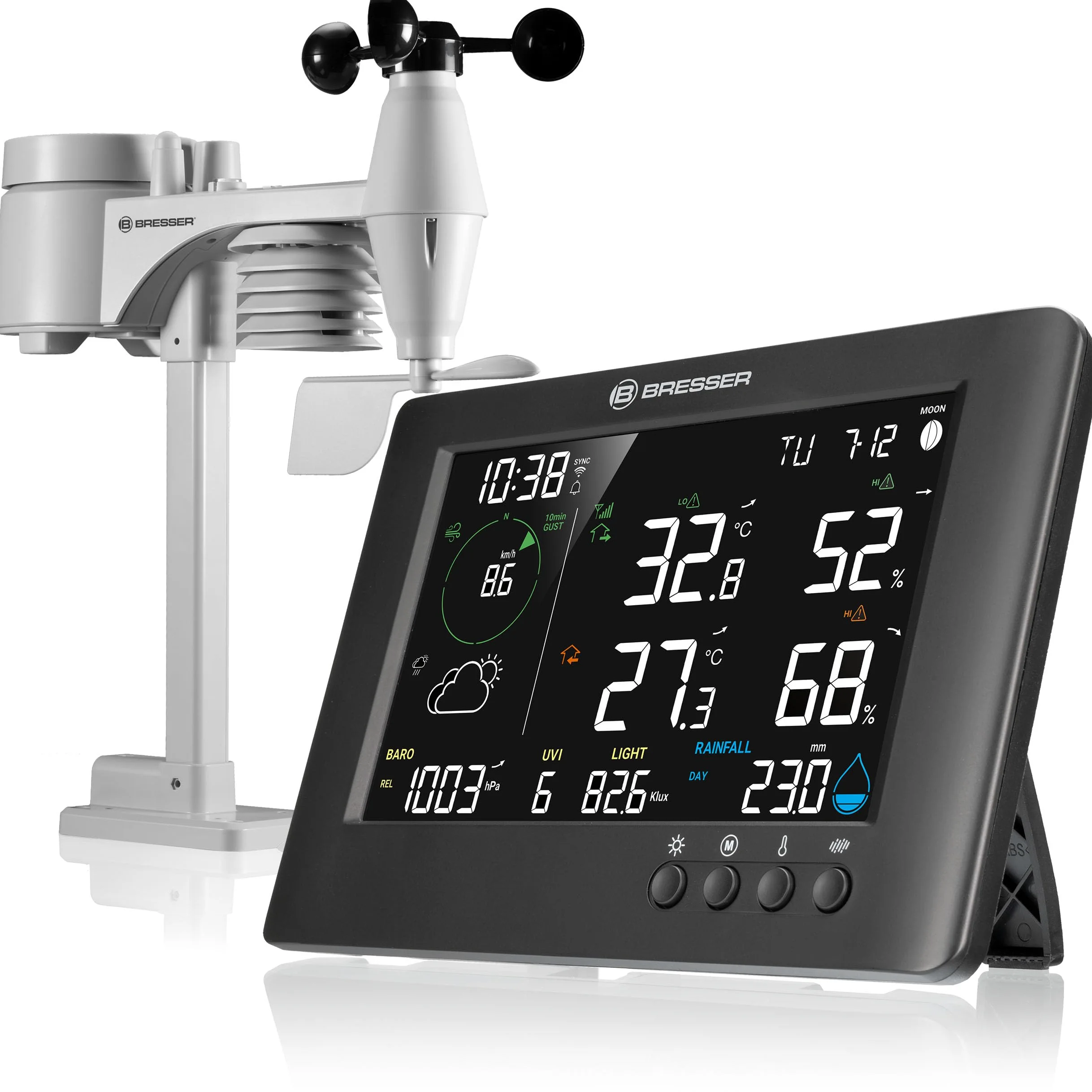 Bresser WLAN 7-in-1 Wetterstation TB: Umfangreiche Daten, Grafik-Prognose, Multi-Sensor, Innenklima-Überwachung, Alarmfunktion | Innentemperatur und Außentemperatur, Luftfeuchtigkeit, Regenmesser, Windmesser, Wettervorhersage, App, UV und Licht