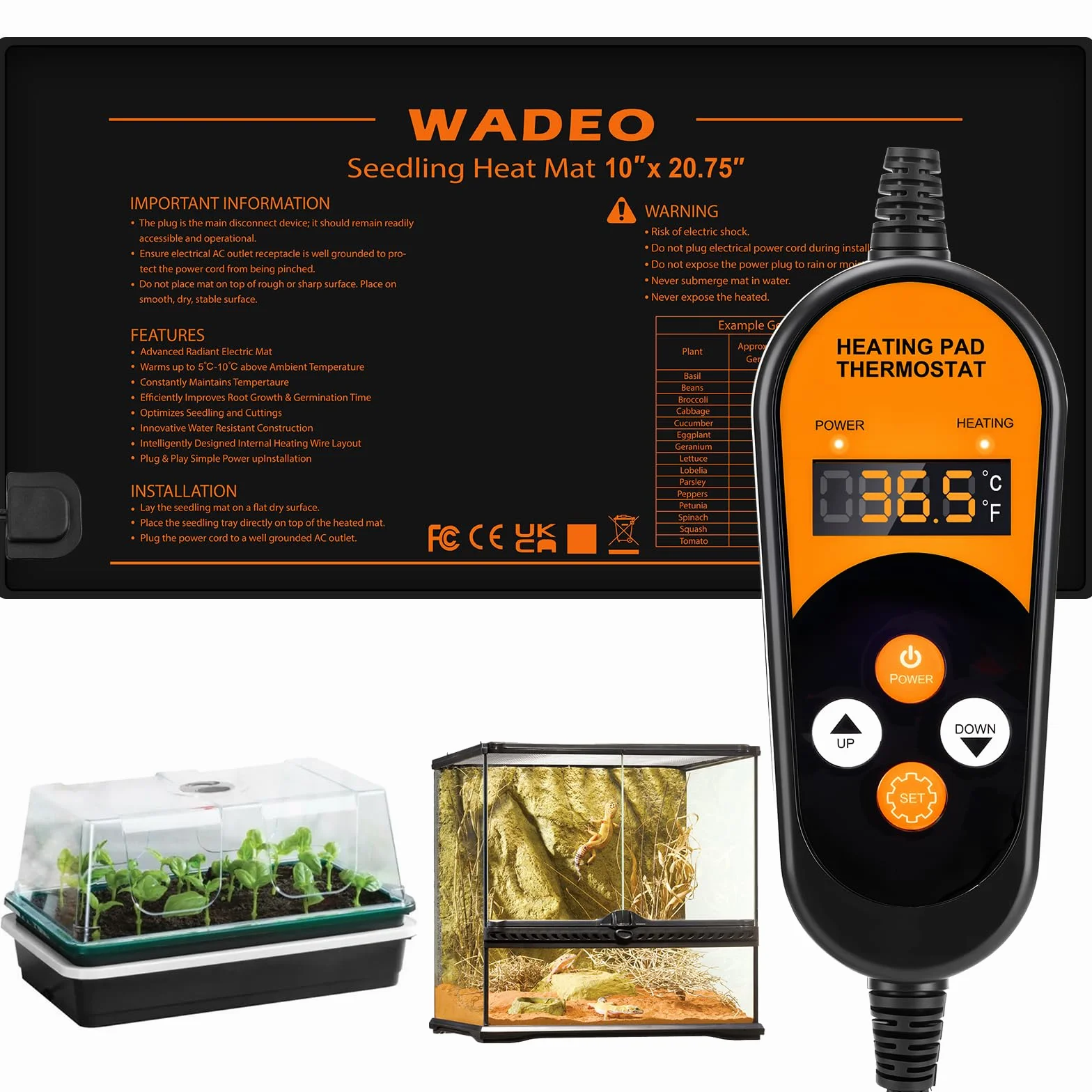 WADEO Heizmatte für Pflanzen 53 x 25 cm, 50 W Sämlinge Heizmatte mit automatische Heizfunktion und Timerfunktion, Nachhaltige Heizleistung, Thermostat einstellbar, für Pflanzen, Keimung, Reptilien