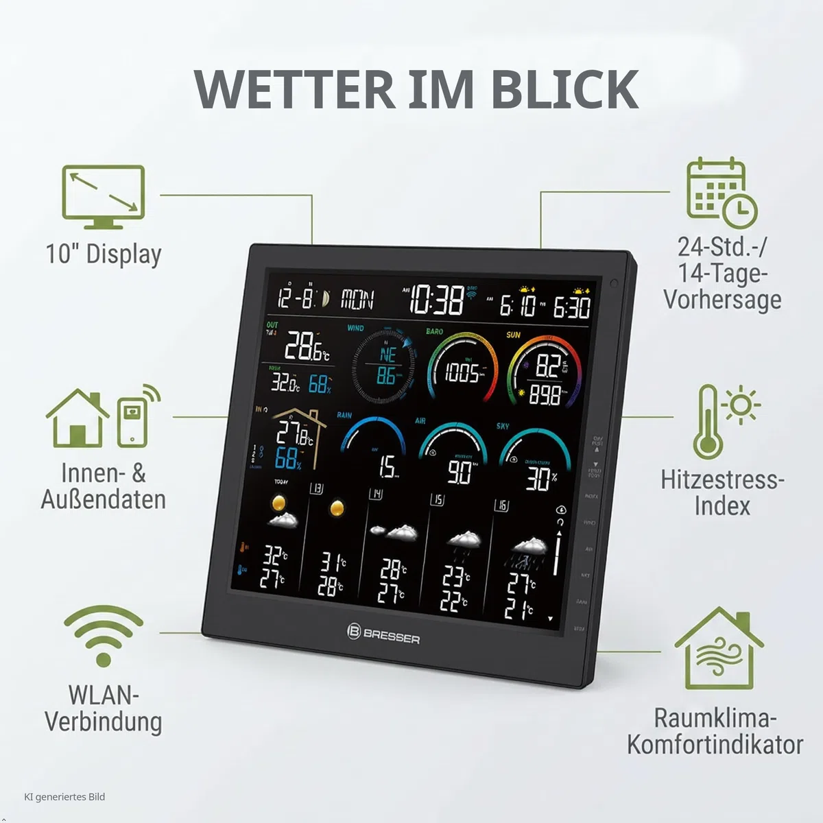 Bresser 4CAST Profi WLAN Wetterstation Funk mit 8 in 1 Außensensor | Innentemperatur und Außentemperatur, Luftfeuchtigkeit, Regenmesser, Windmesser, 14 Tage Wettervorhersage, App, WBGT
