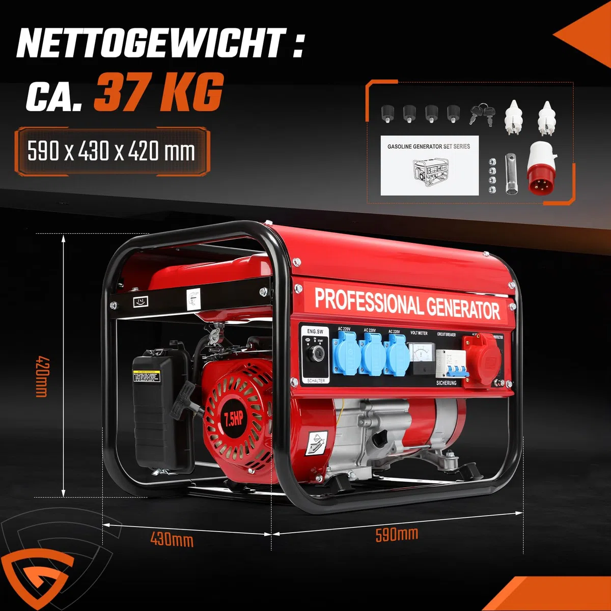 Stromgenerator Benzin 7,5 PS 3000W Dauerleistung 6500W Max Notstromaggregat 4-Takt OHV Motor mit AVR, 15L Tank, 3x 230V Steckdosen, Tragbar Leise für Haus Garage Werkstatt Baustelle
