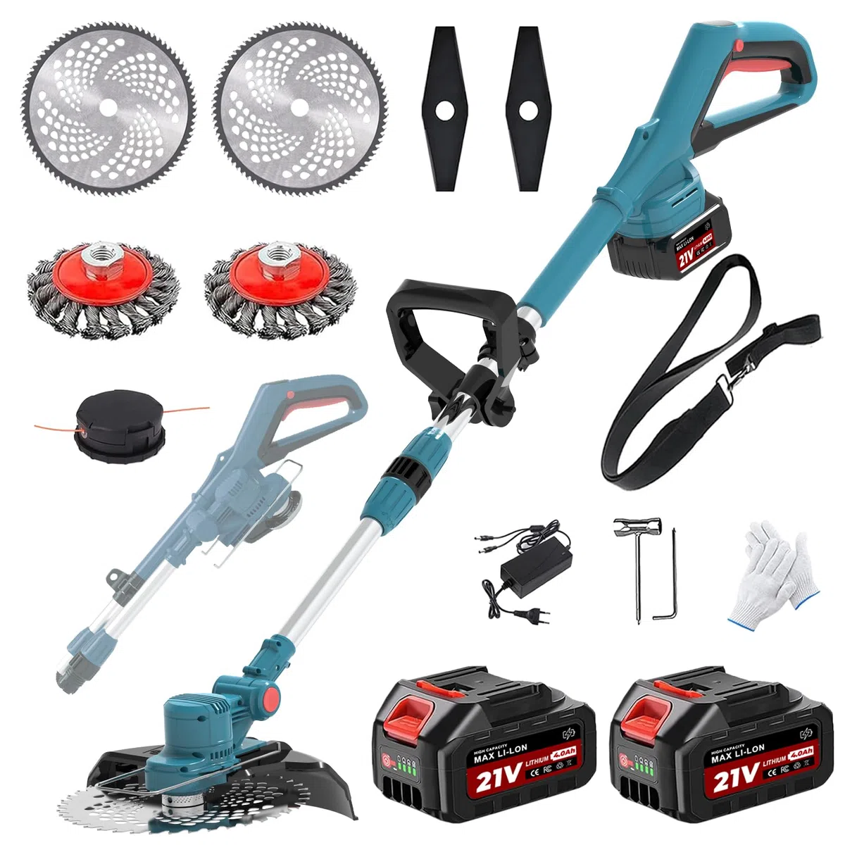Rasentrimmer für Makita-Akkus mit 4 Klingentypen, Rasentrimmer mit Akku 2 4,0Ah und Unkrautbürste, 4-in-1 Akku Freischneider-Rasenkantenschneider für Garten Trimming, 180° Faltbar, 90° Trimmwinkel
