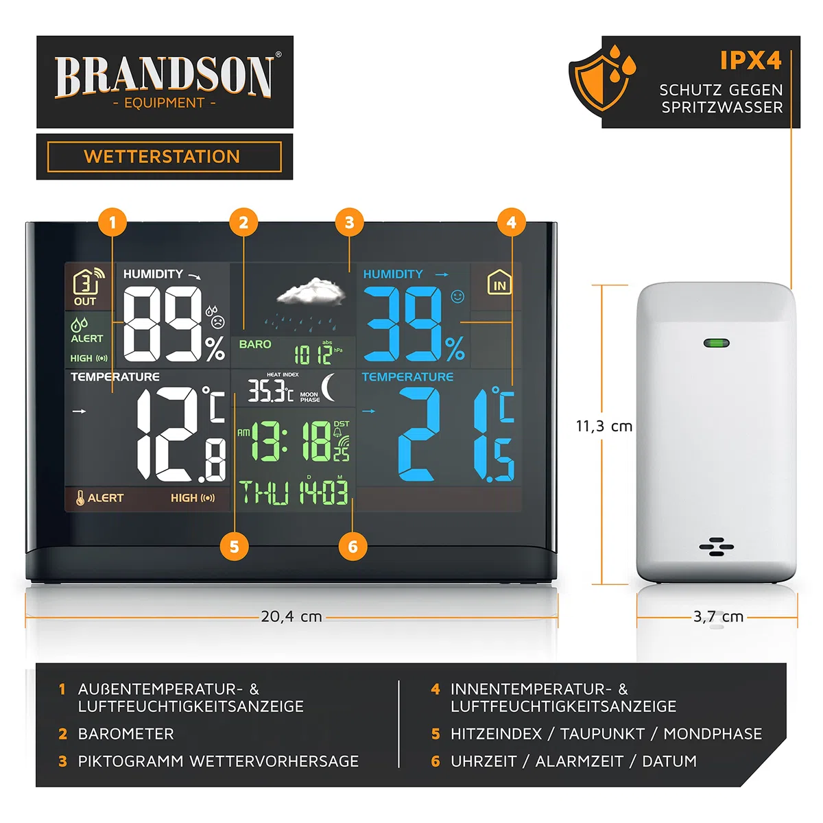 Brandson - Wetterstation Funk mit Außensensor - großes Farbdisplay - Funkuhr DCF Empfangssignal - Innen und Außentemperatur - relativer Luftdruck - Barometer - Temperaturtrend – Lichtsensor - schwarz