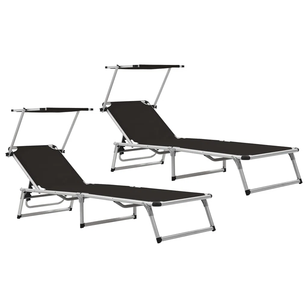 Klappbare Sonnenliege Gartenliege mit Dach, 2er Set aus Aluminium und Textilene, verstellbare Rückenlehne, 186 x 58 x 75 bis 105 cm, für Terrasse Balkon Pool Strand Outdoor
