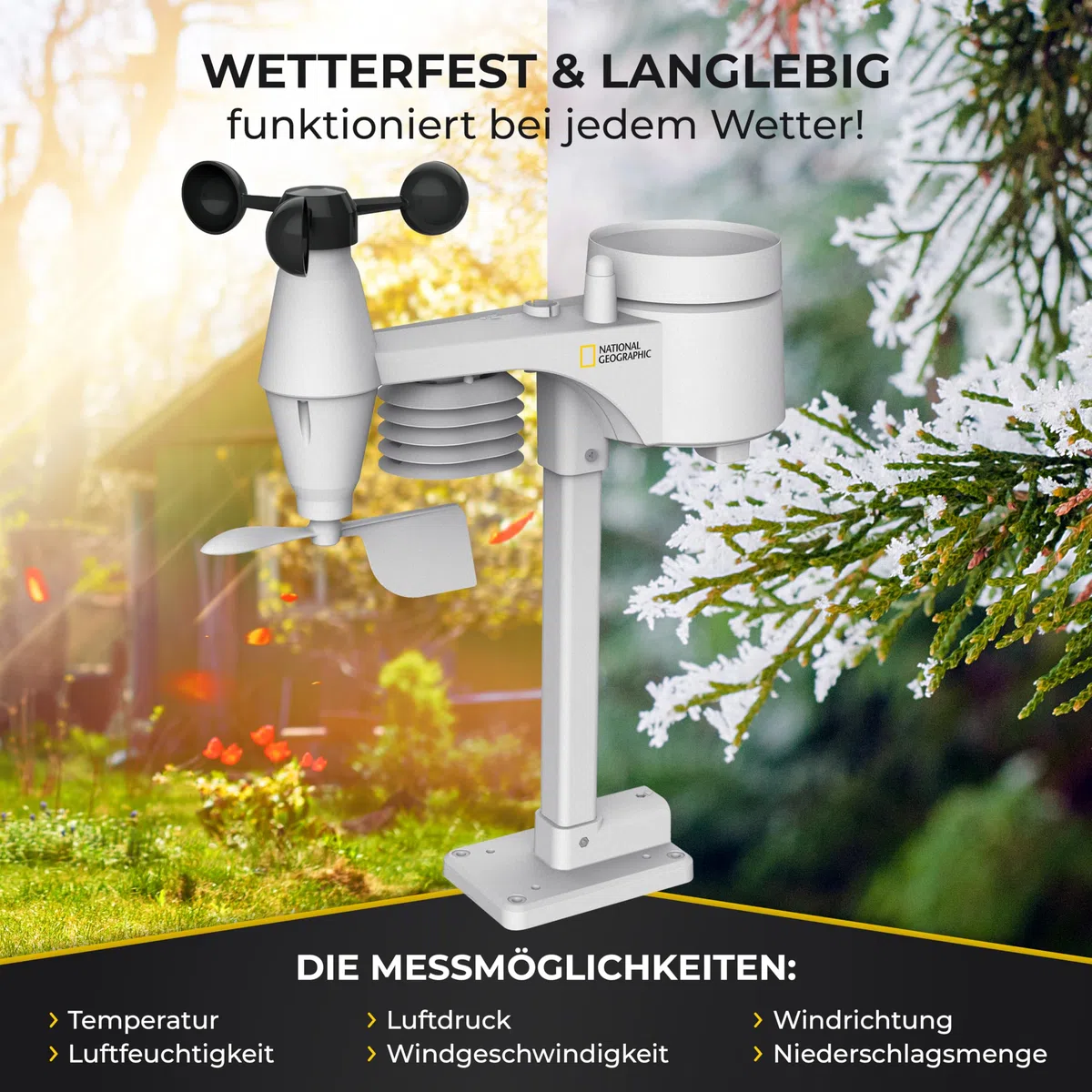 National Geographic Wetterstation Funk mit Außensensor Wetter Center 5-in-1 Colour mit Außensensor für Temperatur, Luftfeuchtigkeit, Luftdruck, Windmesser und Regenmesser, schwarz | Temperatur, Luftfeuchtigkeit, Regenmesser, Windmesser, Wettervorhersage,