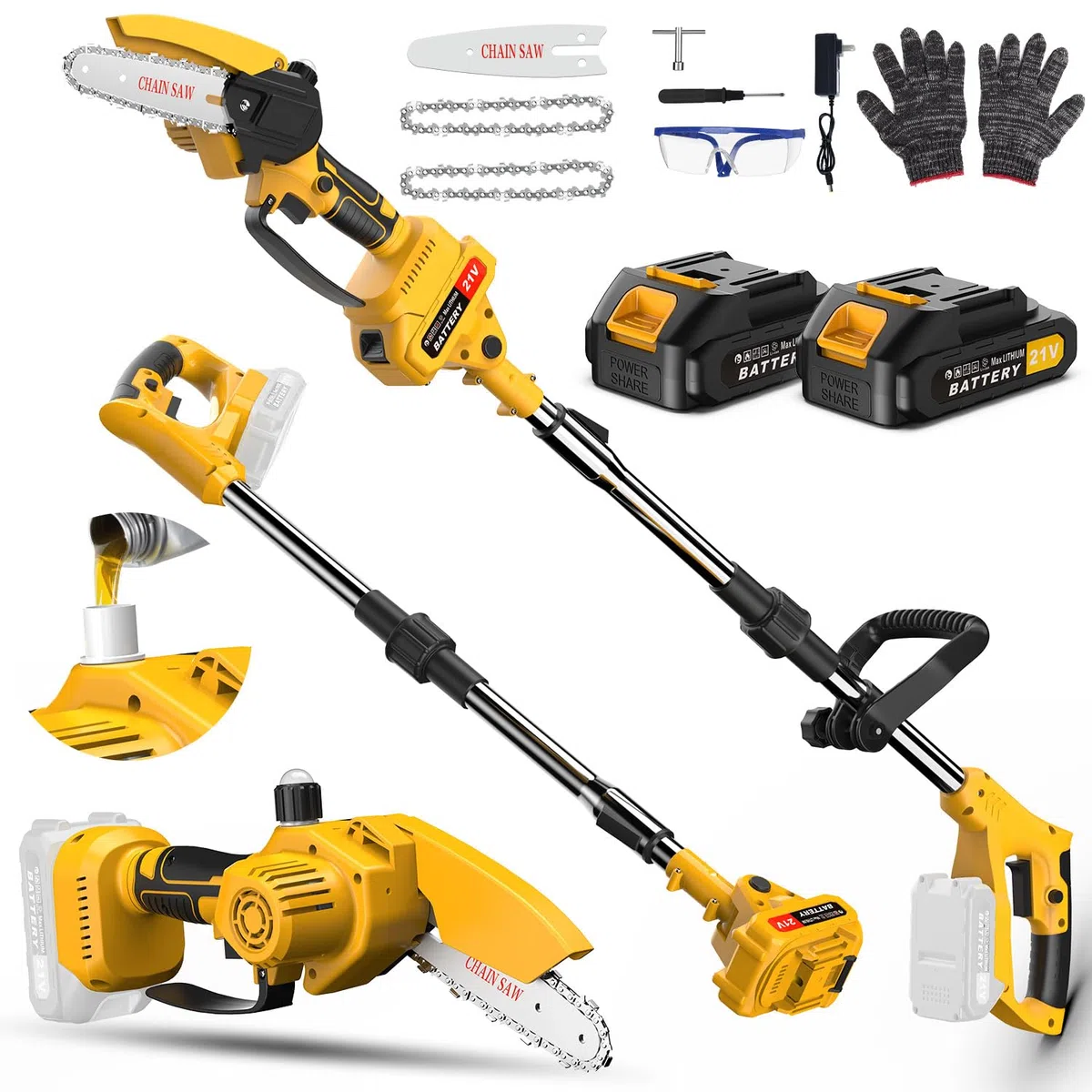 2-in-1 hochentaster akku&6” Mini Mettensäge teleskop kettensäge akku astschere mit teleskopstiel 4.0Ah-Akkus, inklusive Ölkanister, für Garten, Hof und landwirtschaftliche Astschnittarbeiten