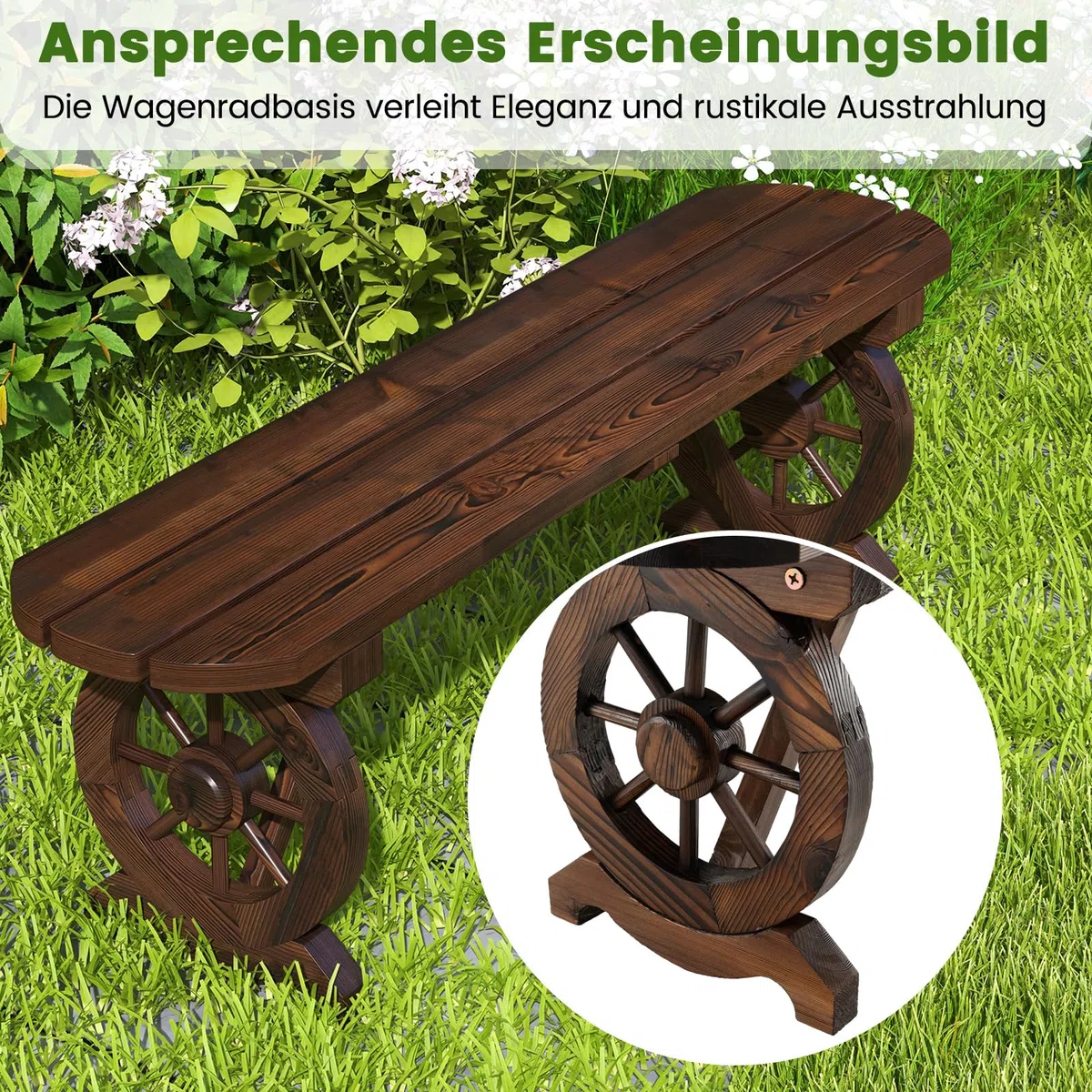 COSTWAY Gartenbank ohne Rückenlehne, wetterfeste Sitzbank, Holzbank für 2-3 Sitzer bis 325 kg belastbar, Terrassenbank aus Holz, Parkbank im Wagenrad-Design für Garten, Balkon, 113 x 28 x 37 cm