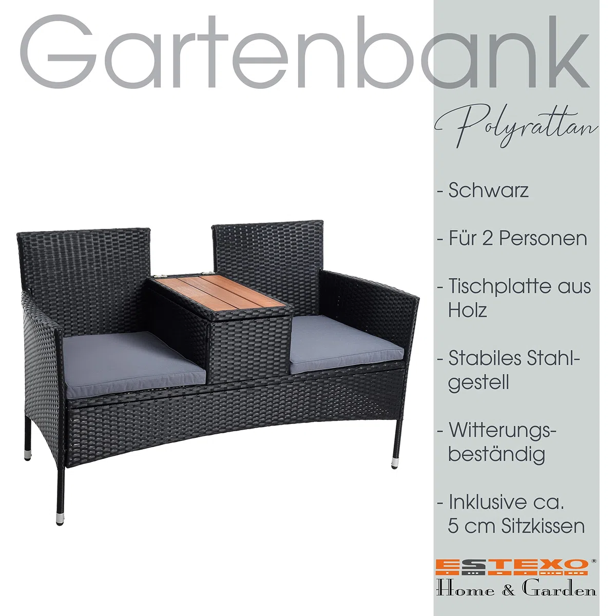 ESTEXO Polyrattan Gartenbank Bank Sitzbank 2-Sitzer Rattan Gartenmöbel Set Gartenset Balkonmöbel Sitzgarnitur Schwarz