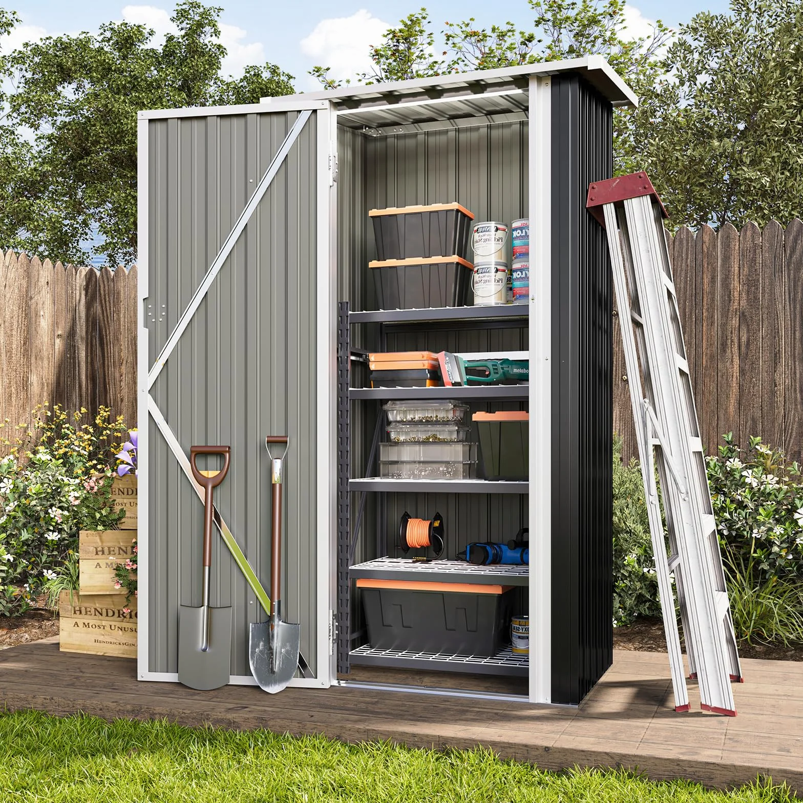 Aoxun Metall Gerätehaus 88x61x164cm Geräteschuppen mit Pultdach Stark & Rostfrei Abschließbarer Tür Gartenhaus Outdoor Garten Schuppen Schrank für Hinterhof Außenbereich Dunkelgrau,Schwarz