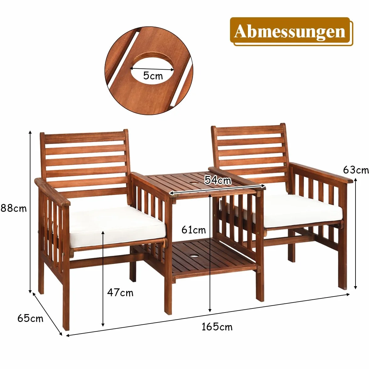 COSTWAY Gartenbank mit Tisch, 2-Sitzer Holzbank mit Sitzkissen & Schirmloch, Sitzbank aus Akazienholz bis 350 kg belastbar, Terrassenbank für Balkon, Garten, Terrasse, 165 x 65 x 88 cm