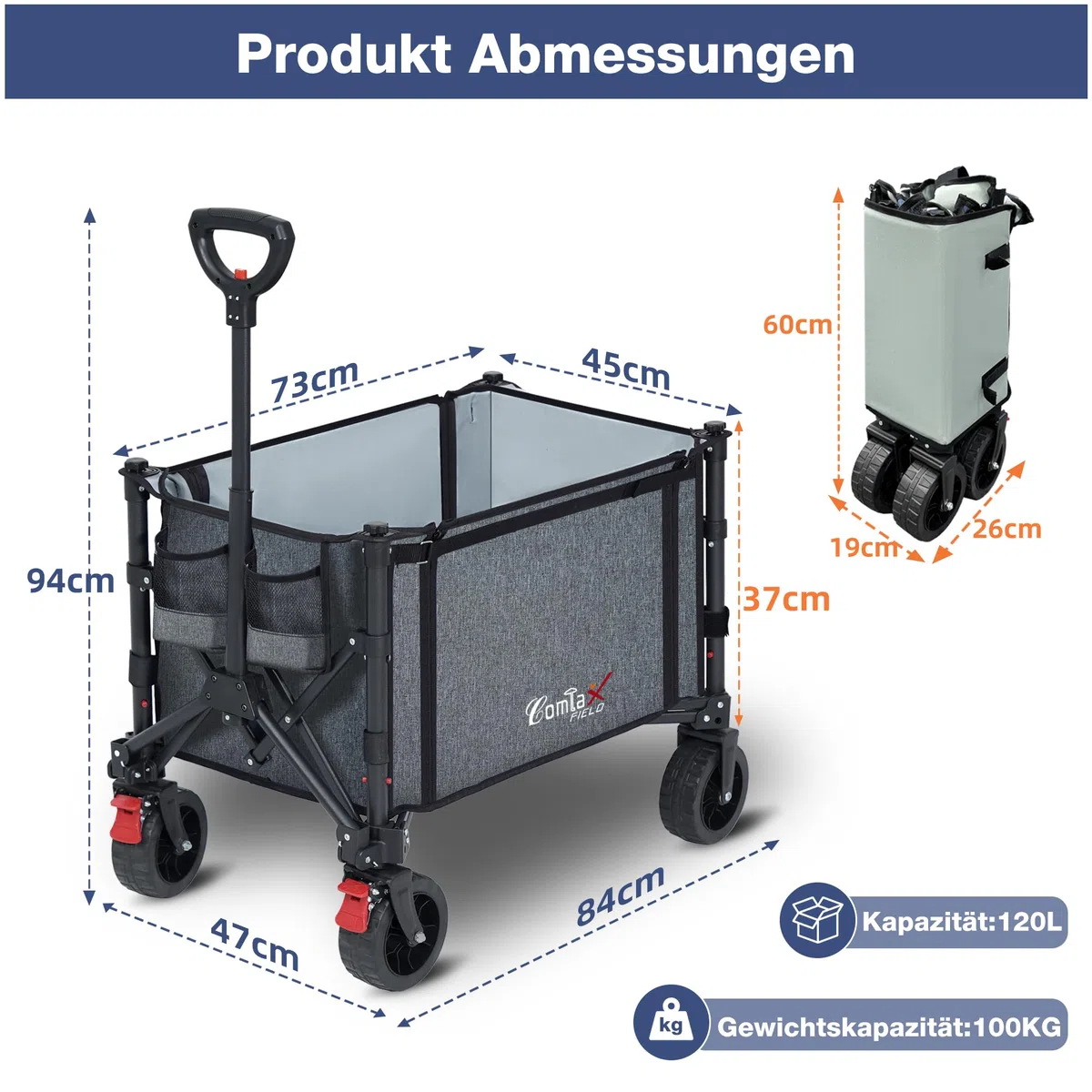 COMLAX FIELD Bollerwagen Faltbar mit Große All Terrain Räder, 120L 100KG Klappbarer Bollerwagen mit Bremsen, Strandwagen Für Strand Garten Camping Shopping, Grau