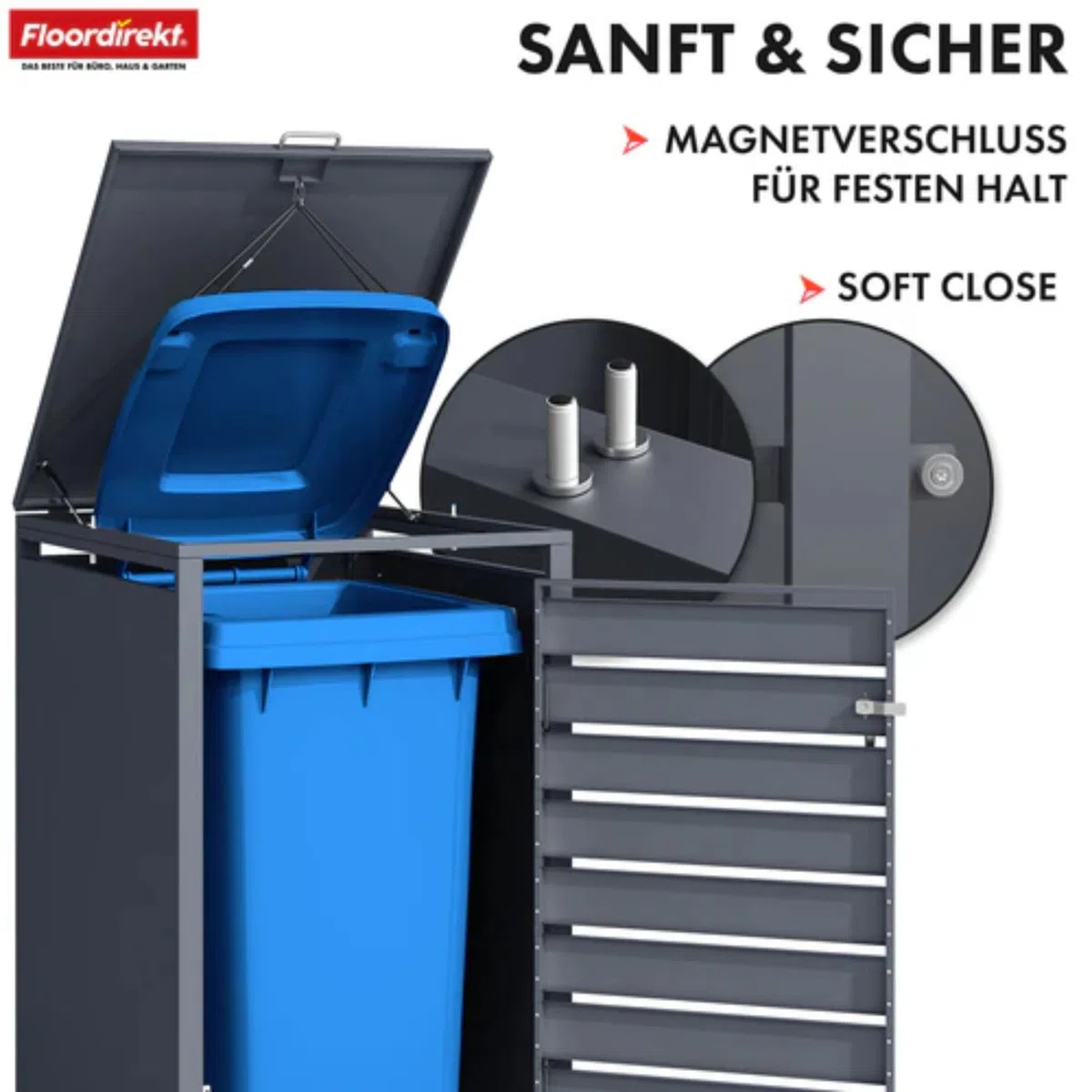 Floordirekt Mülltonnenbox 1er Mülltonne für 60-240 L - Anthrazit - inkl. Erweiterungsmöglichkeit - Mülltonnenverkleidung, 1 Tonne, Garten Müllhaus, Müllbox, Magnus