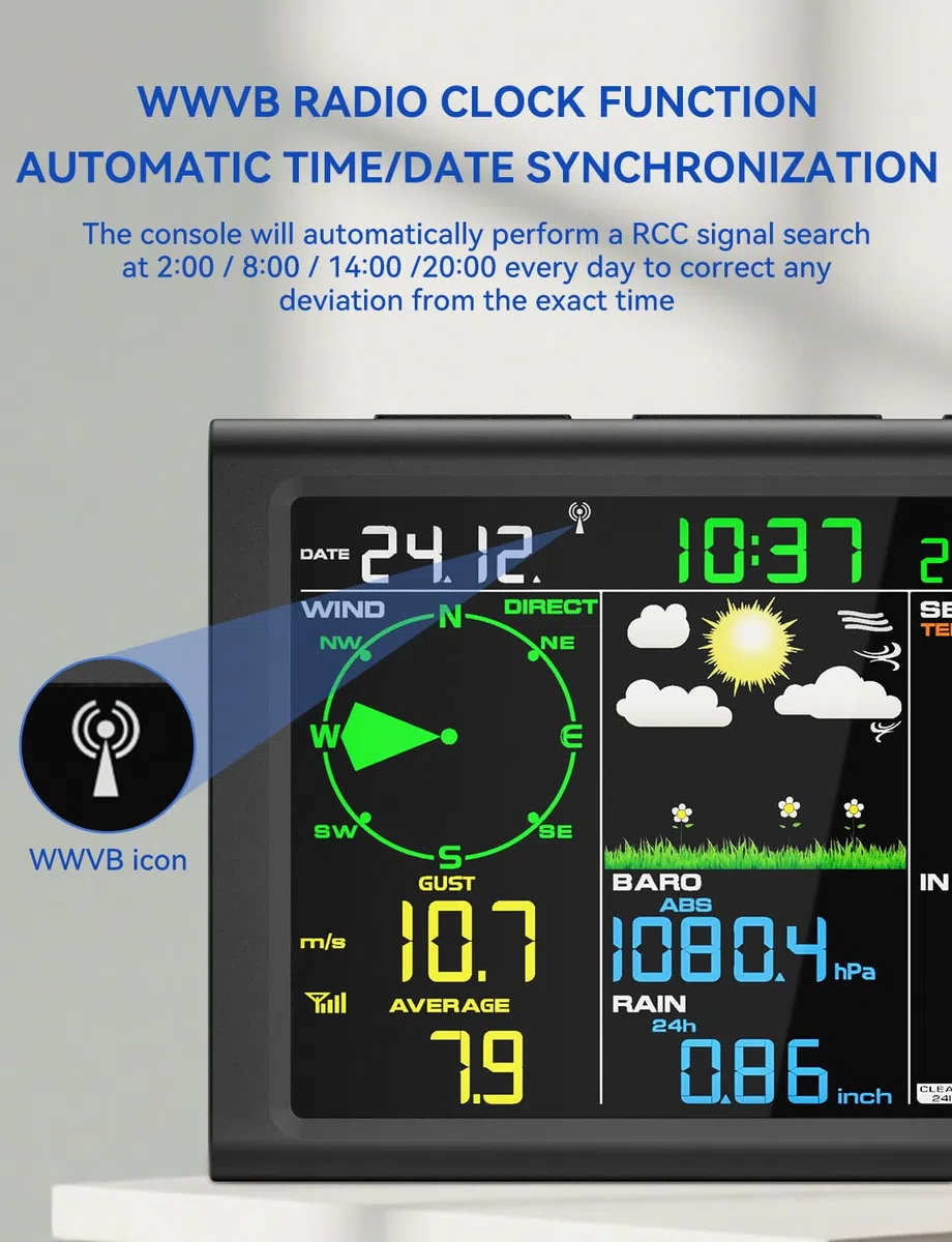 10-in-1 kabellose Wetterstation mit kabellosem Außensensor, Funkuhr, Regenmesser, Windgeschwindigkeit/Richtung, Mondphase, Barometer, Thermometer/Hygrometer, Wettervorhersage (kein WLAN)