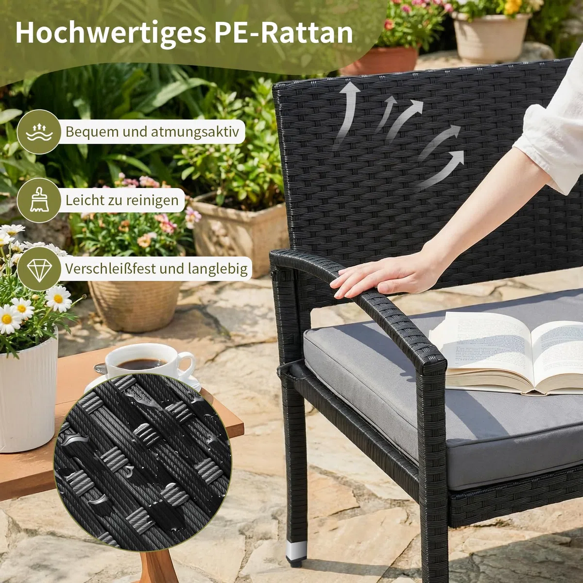 LIFERUN Gartenbank Wetterfest mit Sitzkissen, 2 Sitzer Polyrattan Sitzbank, 320kg Belastbar, Gemütliche Gartenmöbel Bank Outdoor, 122x60x90cm, Balkonbank für Kleinen Balkon, Garten, Terrasse, Schwarz