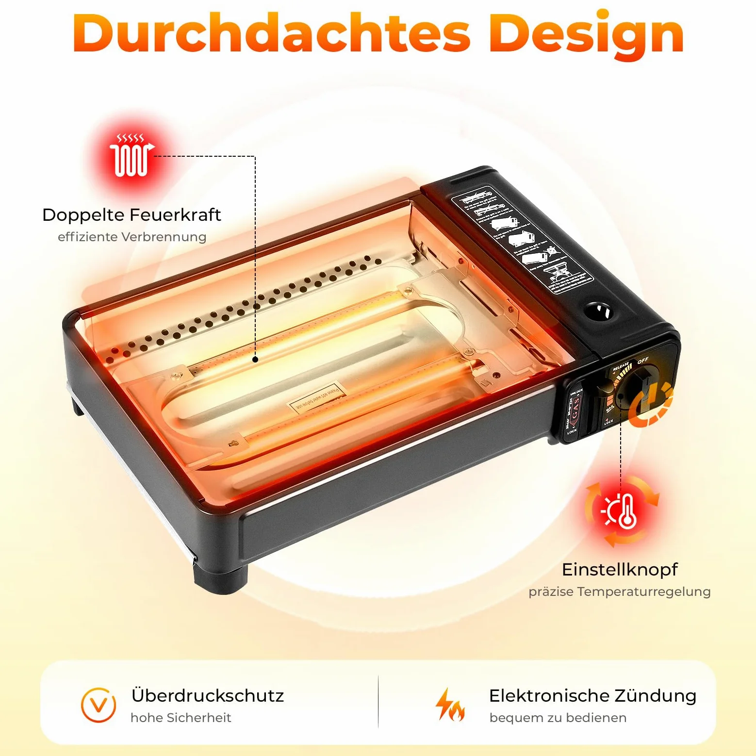 Camping Gasgrill, 2-in-1 Tragbarer Tischgrill mit Tragetasche, Abnehmbarer Grillplatte, Gaskocher für Kartuschen, Campingkocher für Outdoor BBQ, Terrasse und Reisen