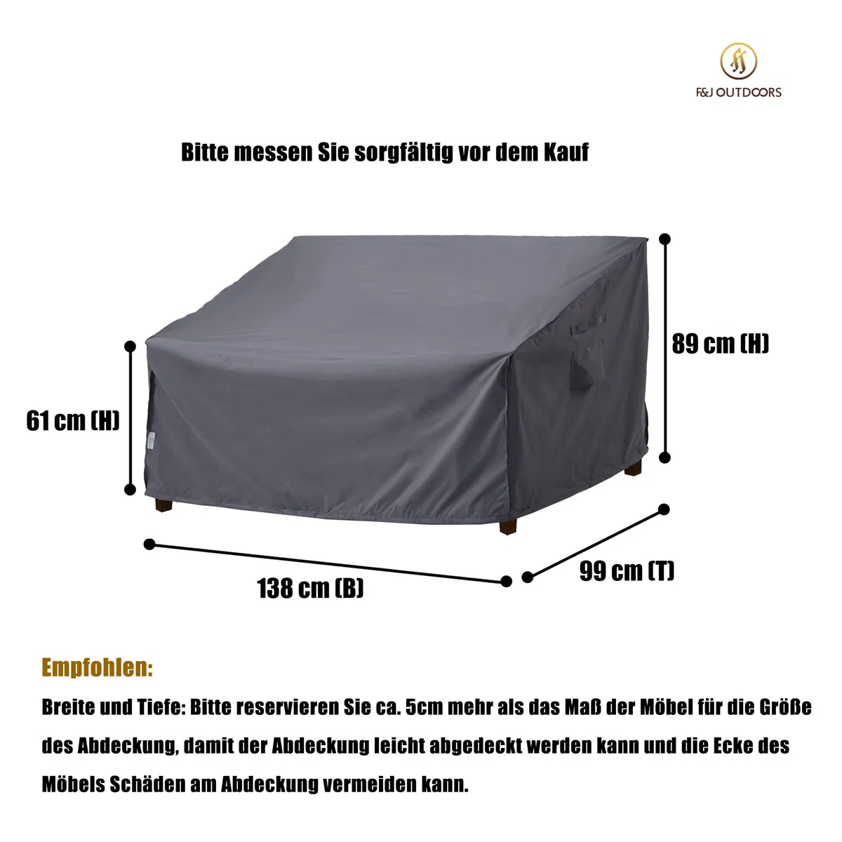 F&J Outdoors Gartensofa Abdeckung Wasserdicht Bank Abdeckungen 2-3 Sitzer Patio Stoff Sofa Abdeckungen Outdoor-Möbel Cinched Taille Winddicht Protector 138x99x61/89cm, Grau
