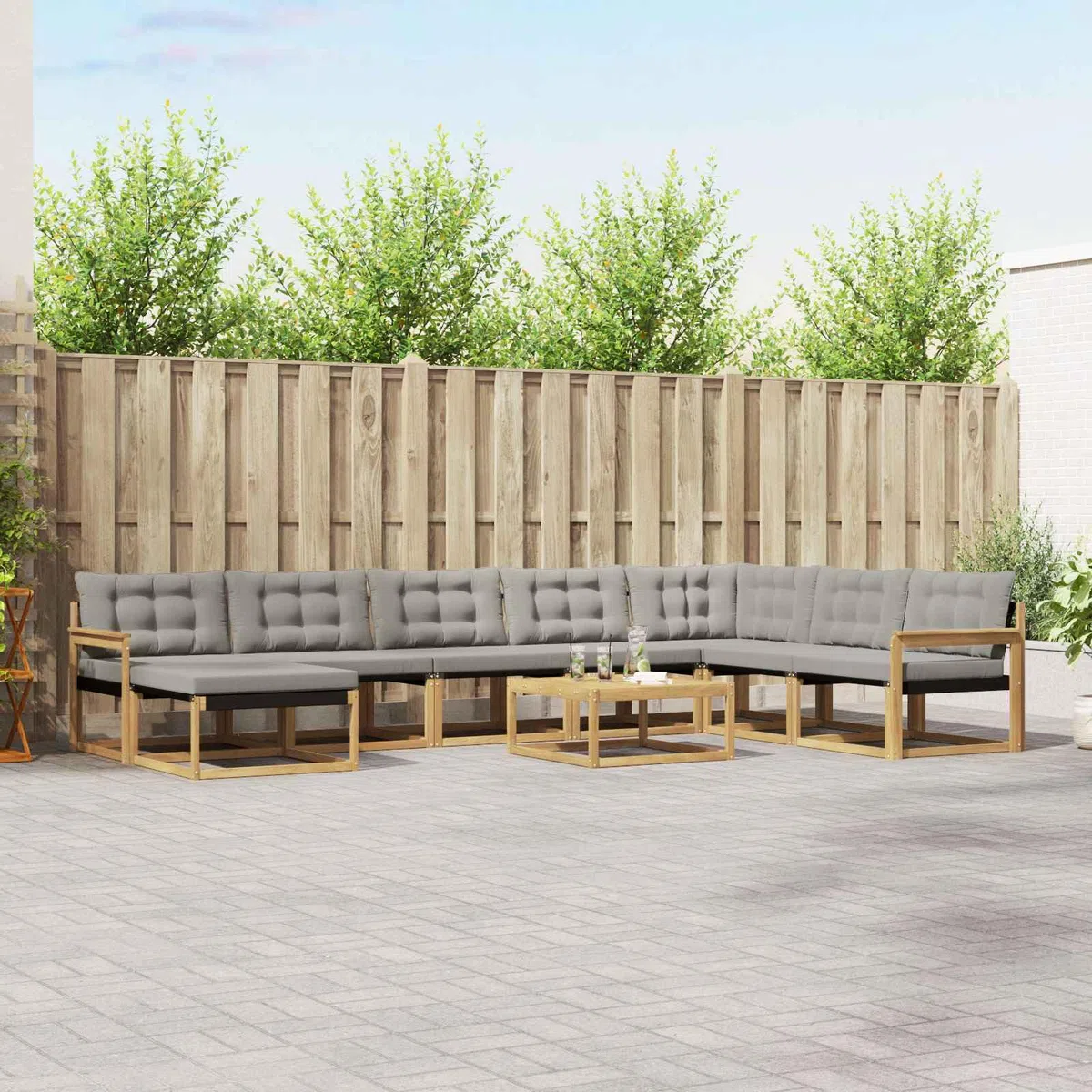 Gartenmöbelgarnitur Set 9-teilig aus massivem Akazienholz wetterfest Moderne Sitzgruppe für Terrasse Balkon Garten Esszimmer Wohnzimmer mit Tisch, Sofas, Sesseln, Aufbewahrung