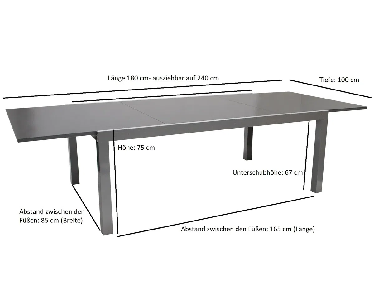 DEGAMO Ausziehtisch Marina XL, 180/240x100cm, Aluminium Silbergrau + Glas dunkelgrau