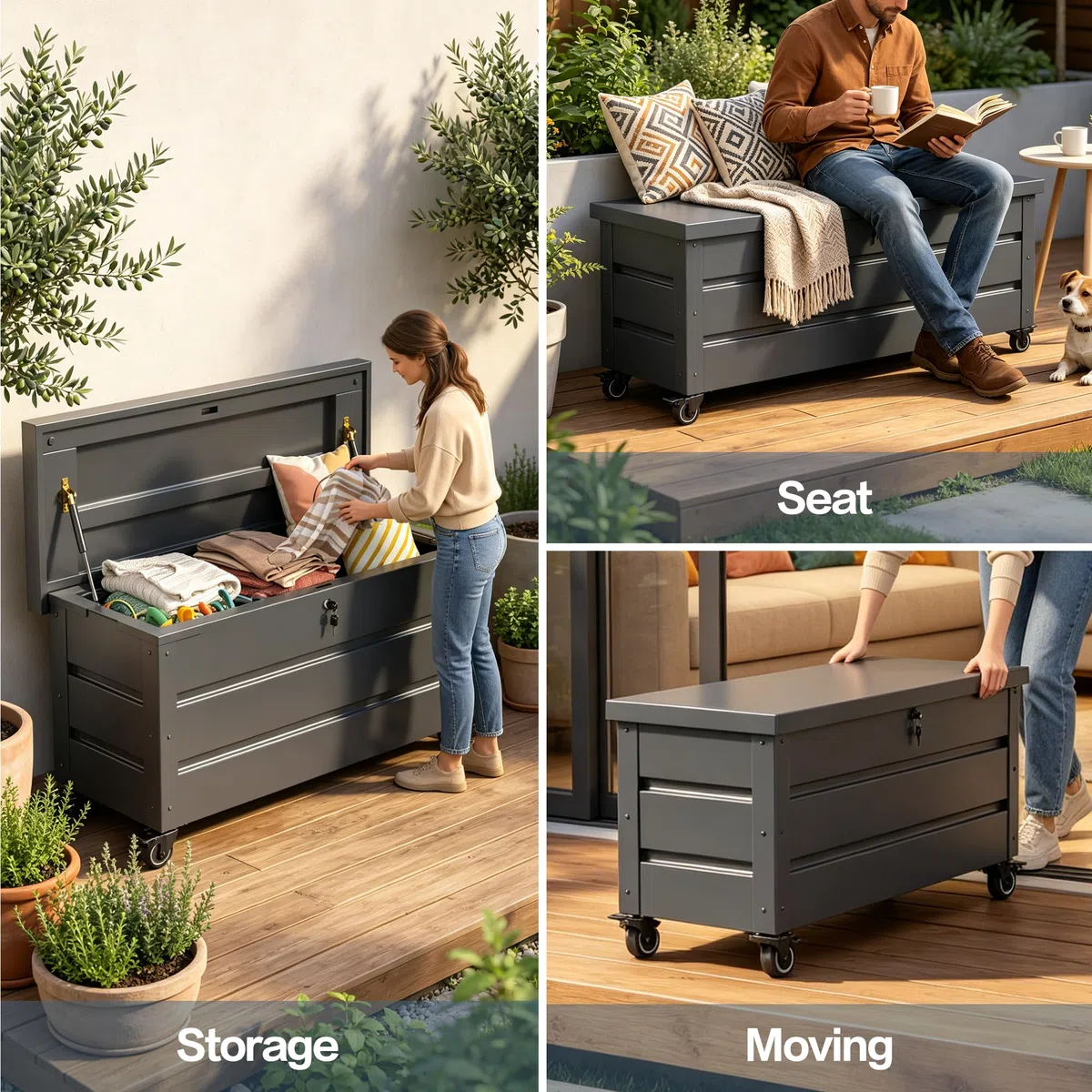 Gartenbox aus Metall mit Rädern und Schlössern 656L | Outdoor Kissenbox für den Garten mit Rostfeste Beschichtung | Outdoor Aufbewahrungsbox/Auflagenbox wasserdicht für Kissen - 158x63x66cm