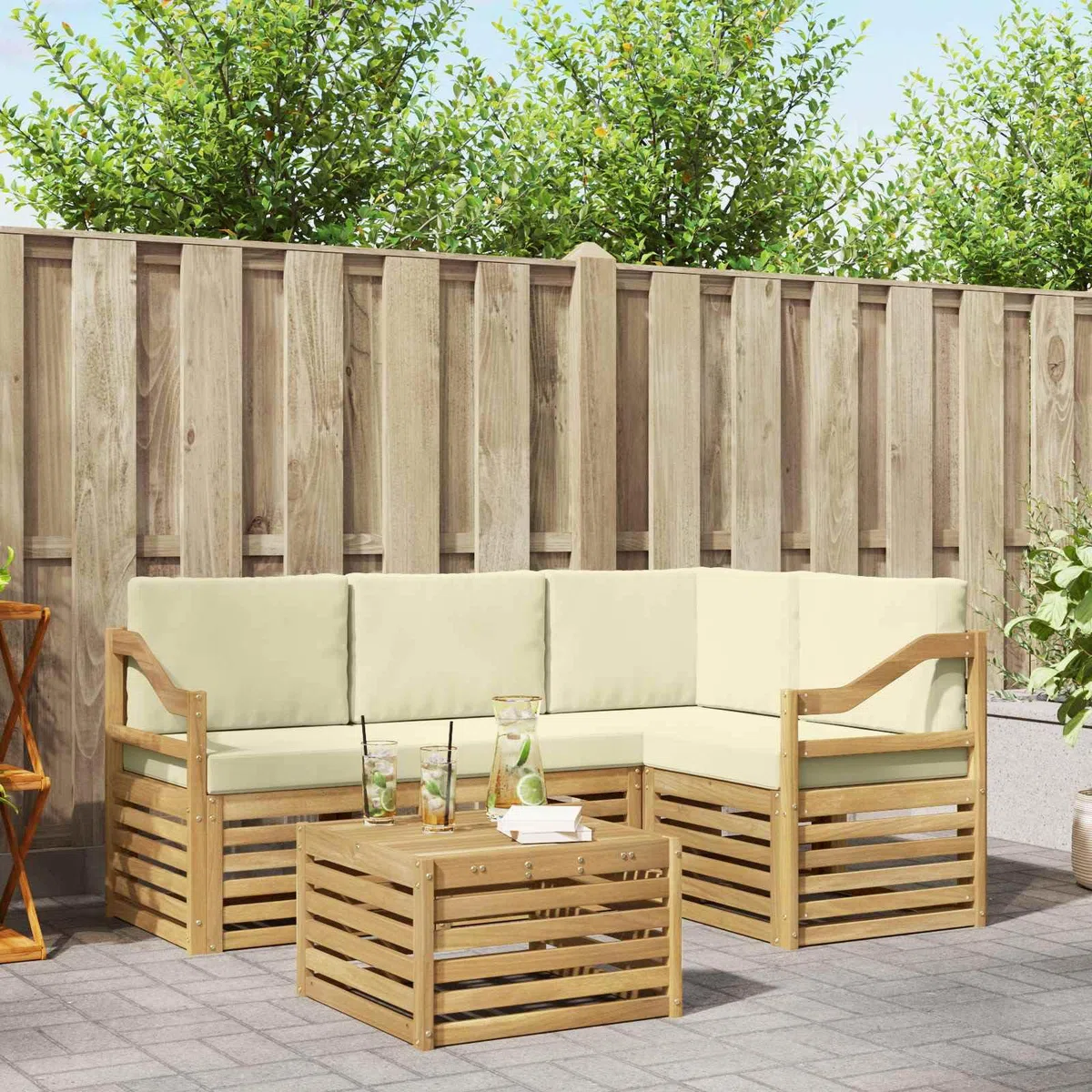 Outdoor-Sofagarnitur mit Kissen 5-teilig Weiß Creme Polyester wetterfest mit Tisch Sitzgruppe für Garten Terrasse Balkon mit Armlehnen und modularer Wohnlandschaft