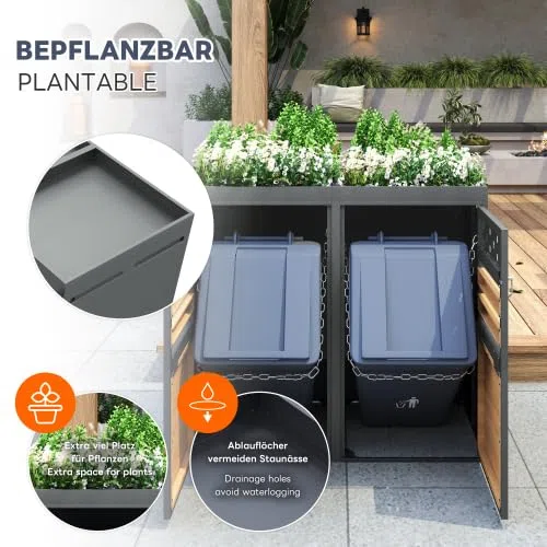 Merax Mülltonnenbox 4er Set mit Pflanzdach, für 120-240 Liter, Anthrazit Tür in Holzoptik, Erweiterbar, Garten Aufbewahrungsbox für Mülltonnen