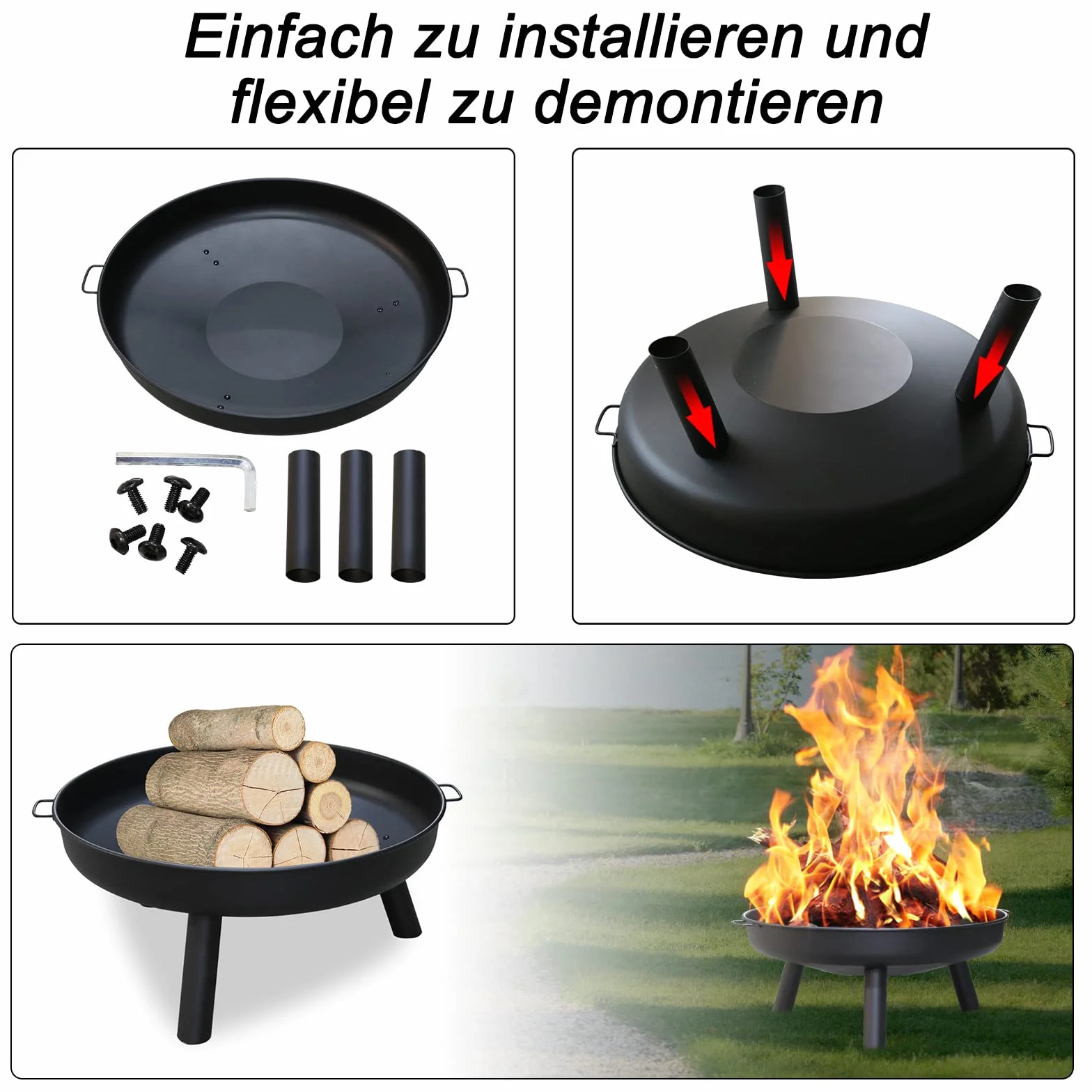 Herrselsam Feuerschale Ø 80 cm Feuerstelle für den Garten, mit 3 abnehmbaren Füßen und Griffen, Outdoor-Feuerstelle für Garten und Balkon, Stahl-Feuerstelle für Sommerpartys, Lagerfeuerheizung