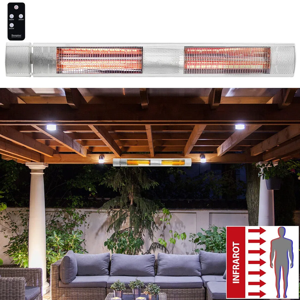 Semptec Urban Survival Technology Terrassenstrahler: IR-Außen-Heizstrahler, Goldröhre, 3.000 W, IP65, Fernbedienung, Silber (Heizstrahler Infrarot, Wand, draußen)