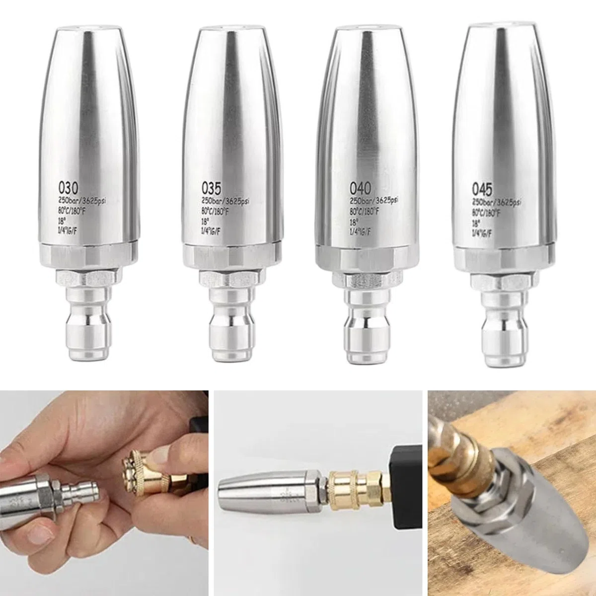 4 Stück Druckreiniger Düse Edelstahl Schnellkupplung Rotationsaufsatz Keramikeinsatz für Autopflege Hausreinigung Garteneinsatz 8.1cmx1.5cmx1.5cm