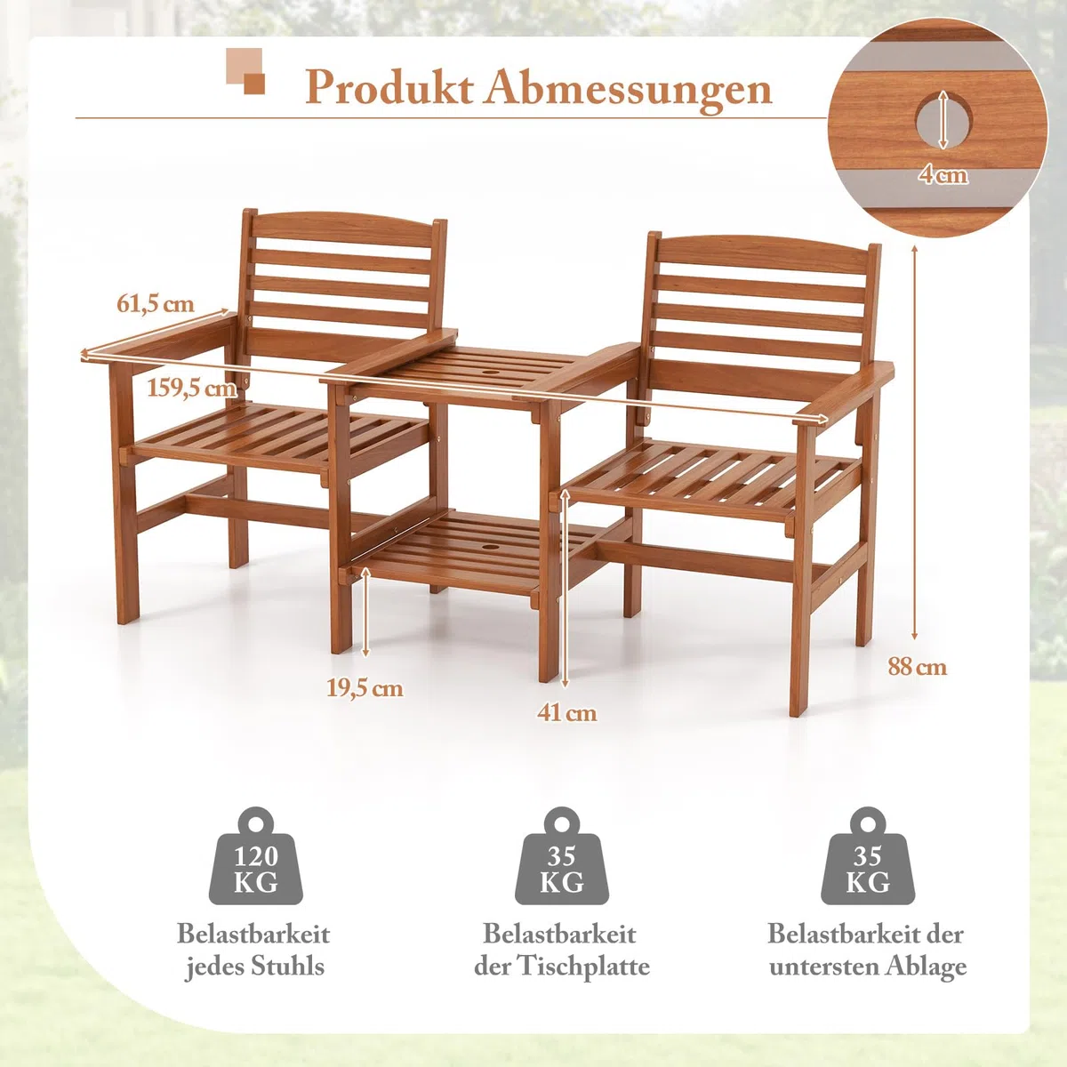 GOPLUS Gartenbank mit Tisch, 2-Sitzer Holzbank mit Schirmloch, Balkonbank aus Hartholz, Sitzbank Outdoor Sitzgarnitur, für Balkon, Garten & Veranda, 159,5 x 61,5 x 88 cm