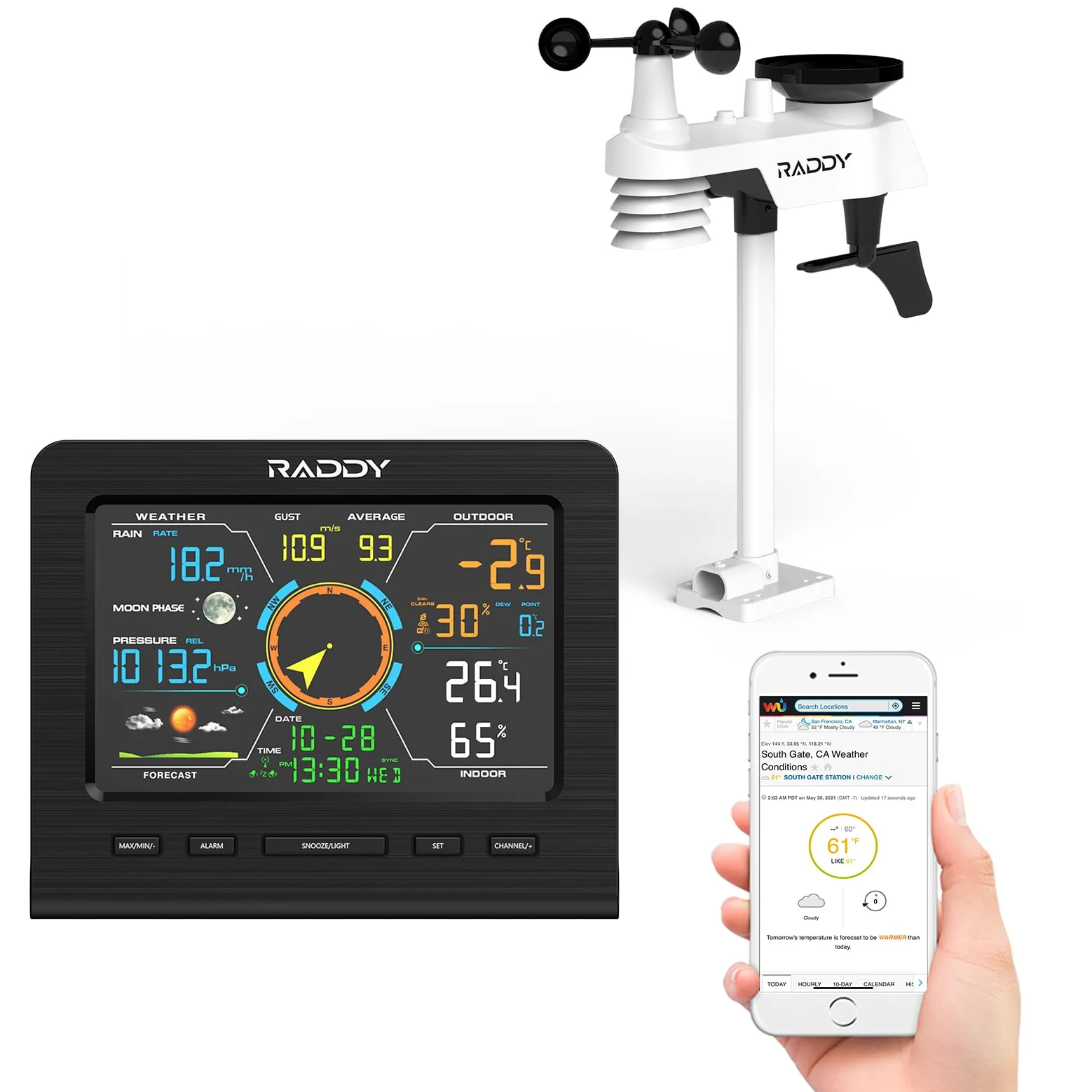 Raddy WF-100C Lite WLAN Wetterstation Funk mit Außensensor, 13-in-1 Profi Wetterstation mit App, Thermometer Innen/Außen, Barometer, Hygrometer, Wind- & Regenmesser, Wettervorhersage für Haus & Garten