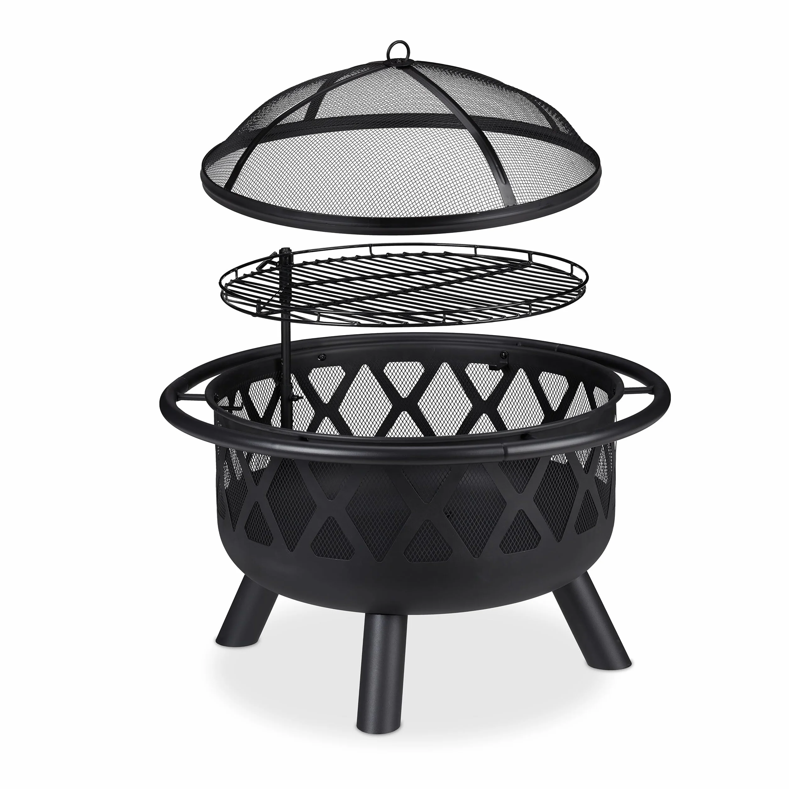 Relaxdays Feuerschale mit Grillrost, Funkenschutz & Schürhaken, Ø 75 cm, Stahl, Feuerstelle Garten & Terrasse, schwarz, 68.5 x 75 x 75 cm