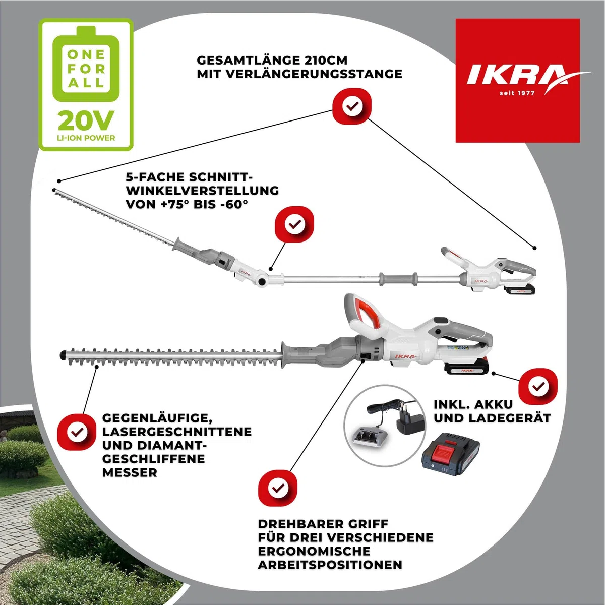 IKRA 2in1 Akku Heckenschere ICPH 2050 mit Teleskopstange für hohe Hecken | Inkl. Akku 20V 2Ah, Ladegerät & Schultergurt, 2 in 1: schneller Umbau zur Teleskop-Heckenschere, 20V-Akku-Familie von IKRA