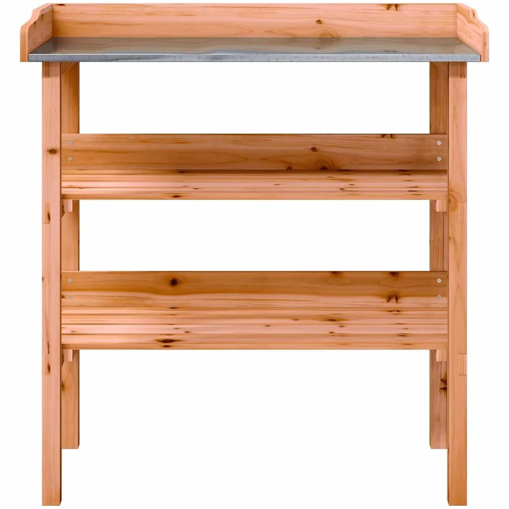 Pflanztisch mit Ablagen Braun aus massivem Tannenholz, verzinkte Tischplatte, 78 x 38 x 82,5 cm, 2 offene Fächer, für Garten Terrasse Gewächshaus Balkon