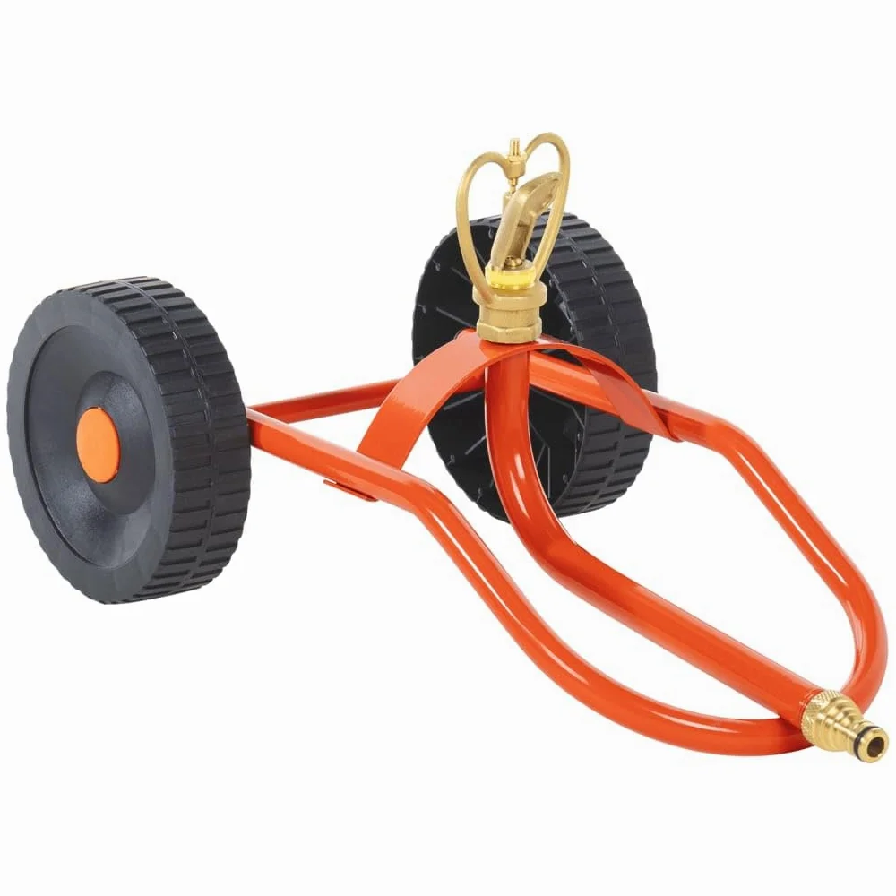 Sprinkler-Schlitten mit Rädern und drehbarem Kopf aus Stahl für effiziente Gartenbewässerung, universeller Schlauchanschluss, langlebig, 8,5 m Sprühkreis, ideal für Rasen, Beete und Gärten