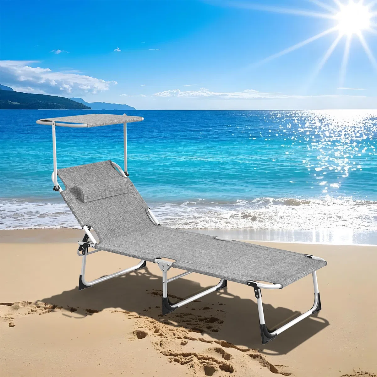 2er Set Sonnenliege Extra Breit 195x69x29, Liegestuhl Leicht mit Dach-Kopfkissen-Seitentasche, Verstellbarer Rückenlehne, Gartenliege, Strandliege Tragbar für Strand, Klappbare Sonnenliege, Leinengrau