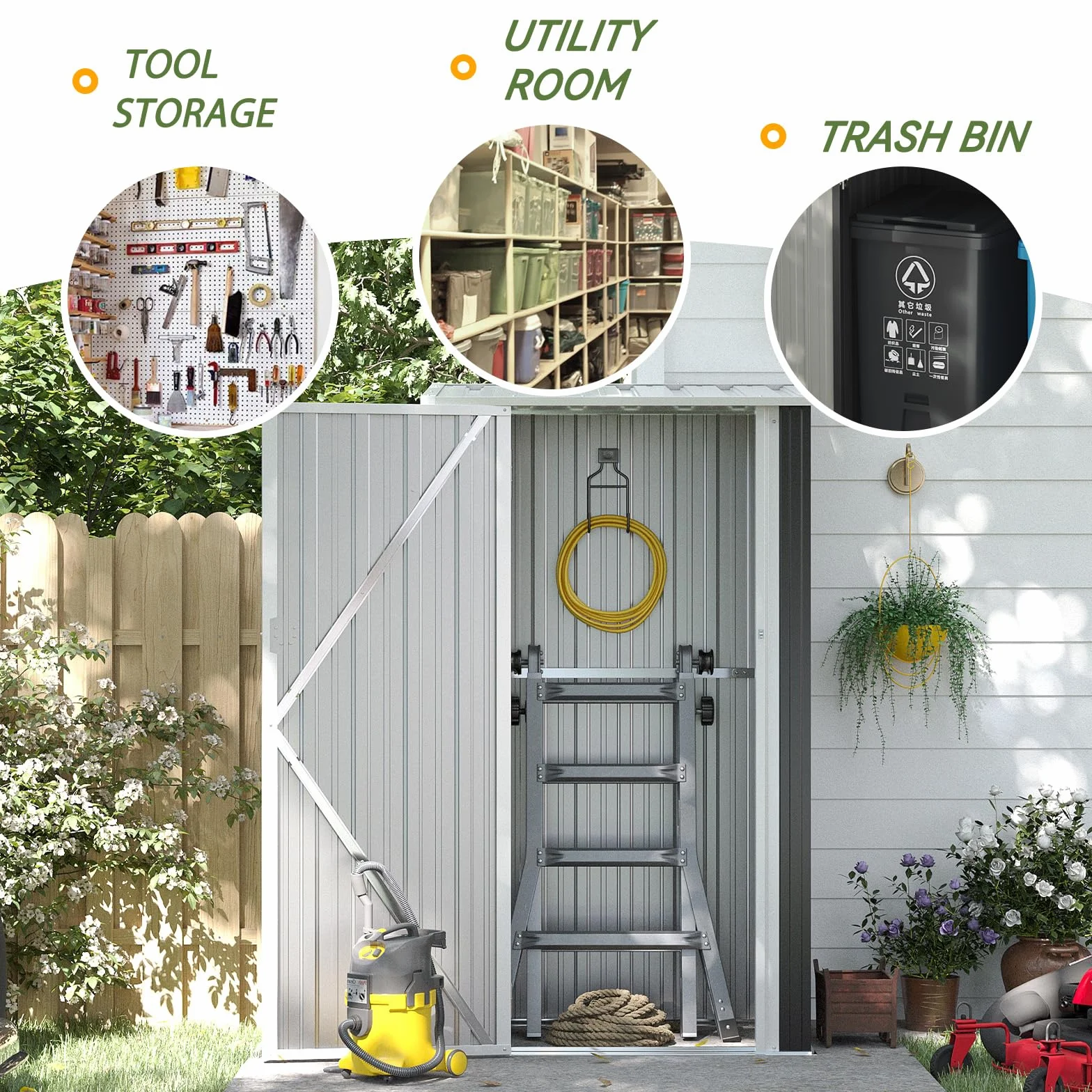 Aoxun Metall Gerätehaus 88x61x164cm Geräteschuppen mit Pultdach Stark & Rostfrei Abschließbarer Tür Gartenhaus Outdoor Garten Schuppen Schrank für Hinterhof Außenbereich Dunkelgrau,Schwarz