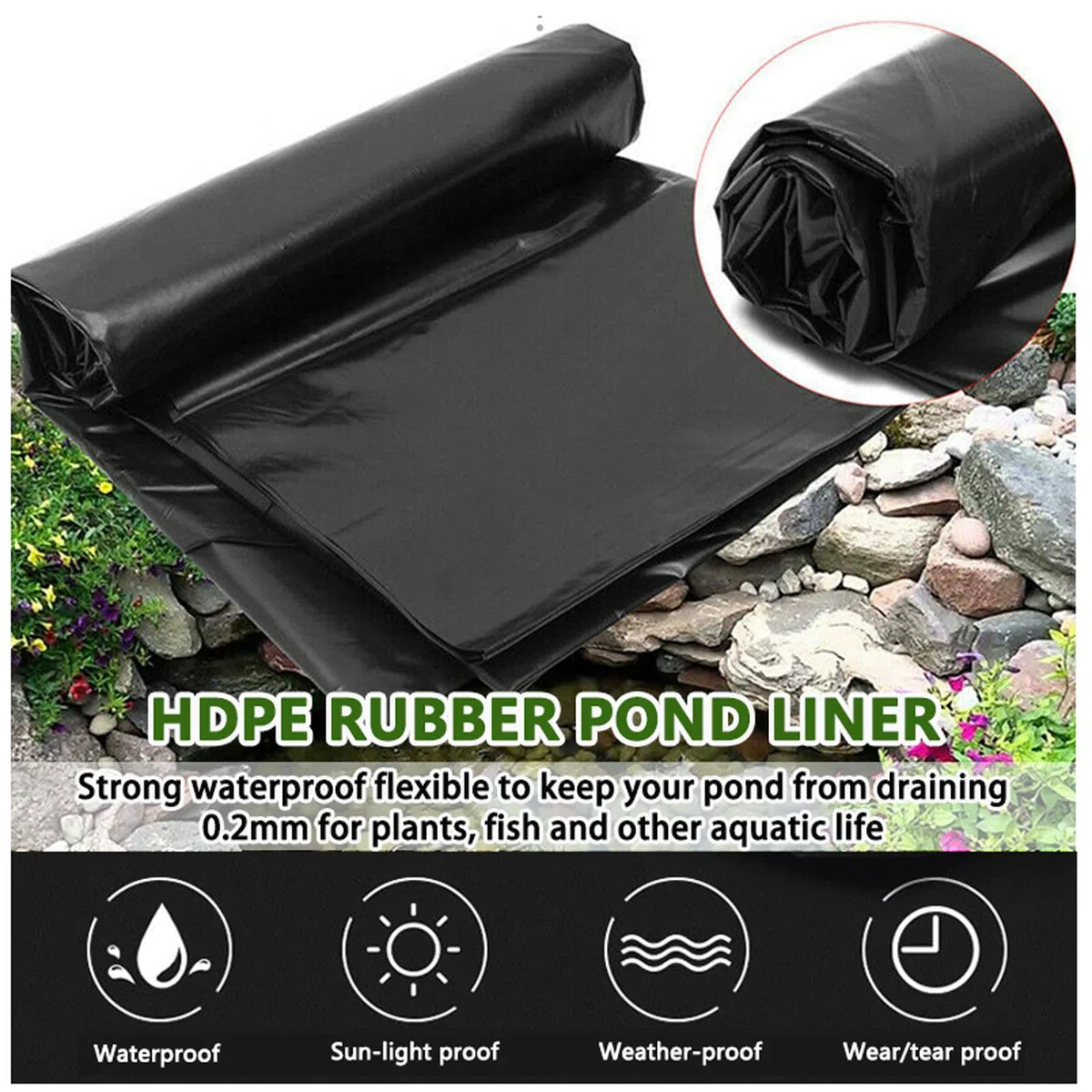 Große Teichfolie Schwarz, HDPE 0,2mm UV und Reißfest Teichfolien Schwimmteich Folie Gartenteich Teichplane für Fischteiche Wassergärten Brunnen Koi Teiche(Size:8x8m,Color:SCHWARZ)