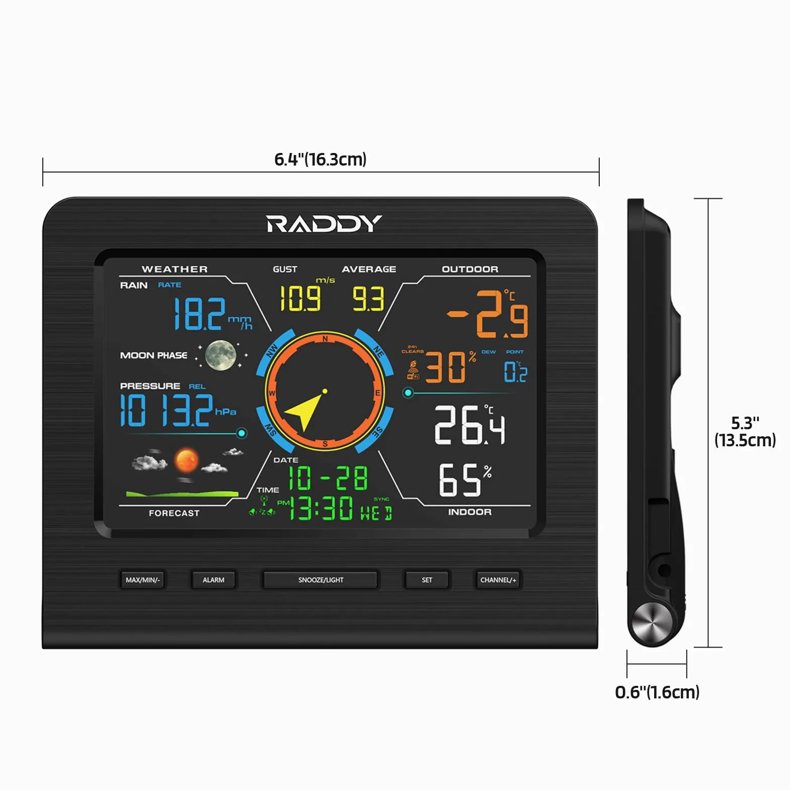 Raddy WF-100C Lite WLAN Wetterstation Funk mit Außensensor, 13-in-1 Profi Wetterstation mit App, Thermometer Innen/Außen, Barometer, Hygrometer, Wind- & Regenmesser, Wettervorhersage für Haus & Garten