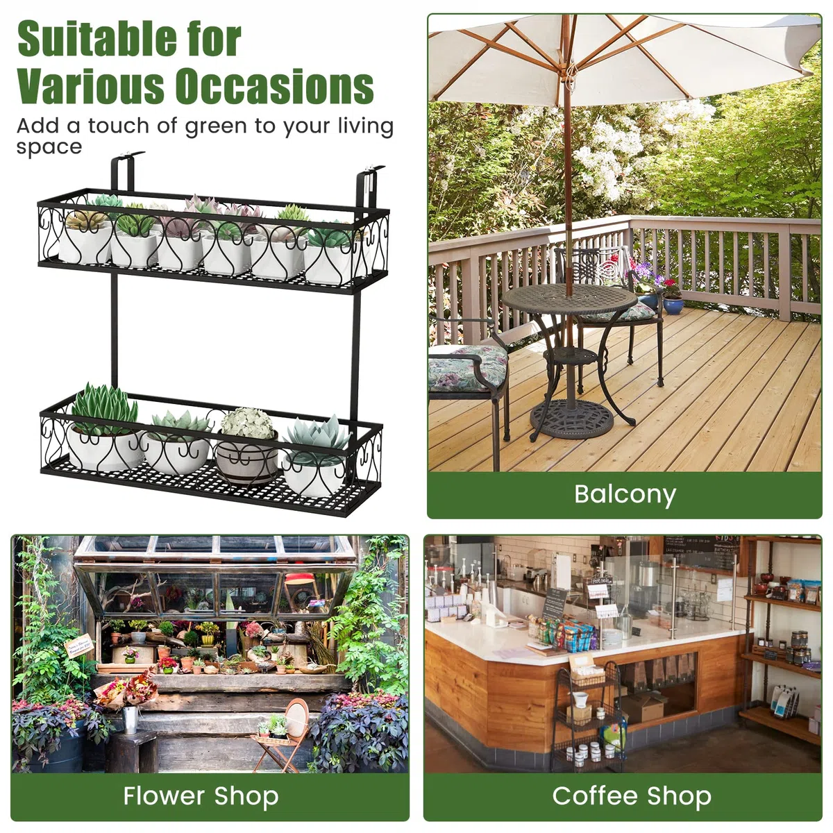 FANTASK 2-stöckiges Blumenregal Balkon, 60 x 33 x 59 cm, Blumentopfhalter Metall mit verstellbaren Haken, Hängeregal, Topfpflanzenbehälter für Garten Balkon Terrasse (Schwarz)