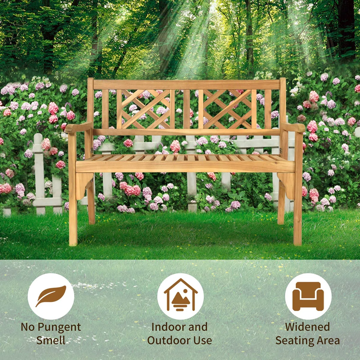 GIANTEX Akazienholz Gartenbank faltbar, Massiv Parkbank 2 Sitzer, Terrassenbank Balkon Bank bis 320 kg belastbar, Holzbank Sitzbank mit Rücken- & Armlehne, rustikal im Landhausstil, Naturholzfarbe